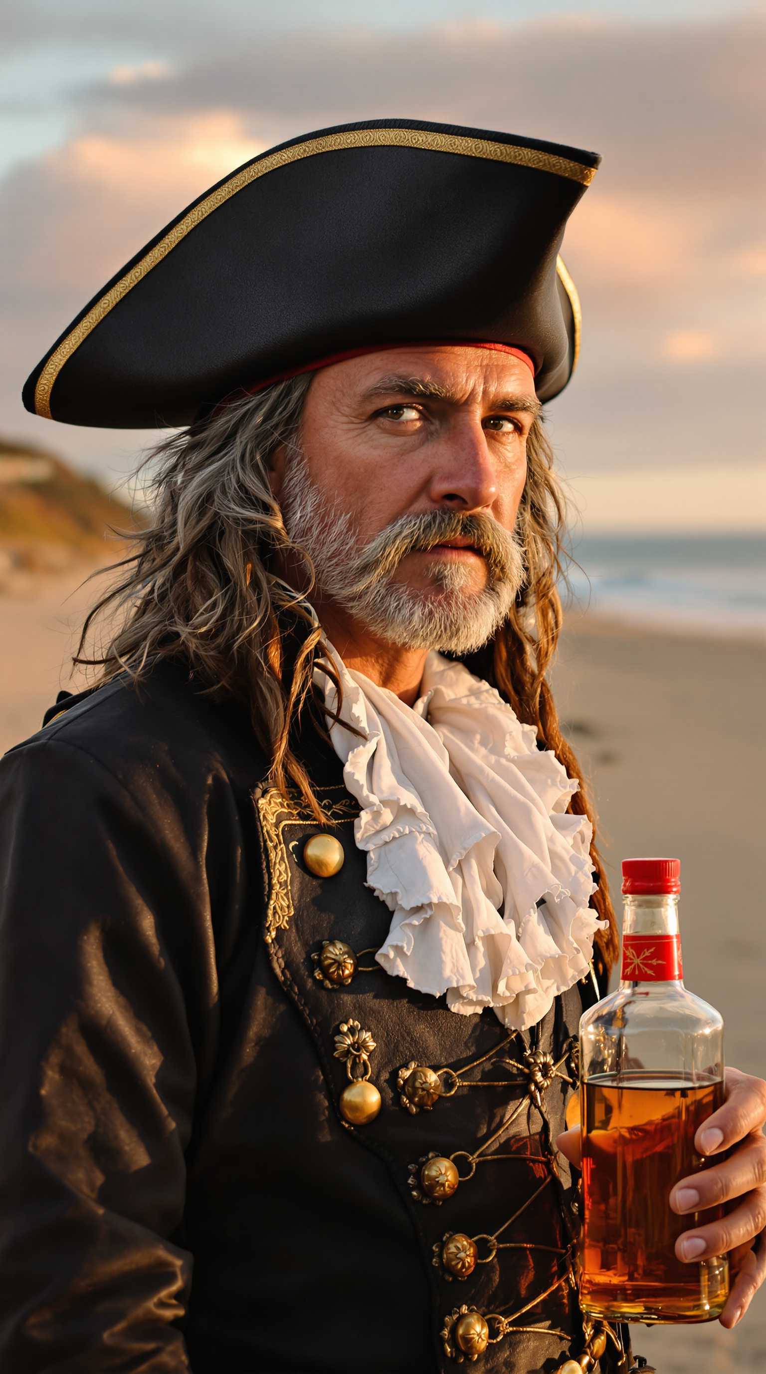A high-resolution, realistic photograph of a close-up portrait of a person dressed in an elaborate pirate costume, standing outdoors on a sandy beach during a breathtaking sunrise or sunset. The background is softly blurred, revealing hints of a coastal area with golden sand and a distant ocean shimmering under warm, golden-hour light. The sky is painted with hues of amber and soft pink, casting long, dramatic shadows across the subject’s weathered face, enhancing the depth and emotion of the scene.

The subject, positioned centrally in the frame with a slight tilt of the head, exudes a rugged, adventurous charm. They wear a classic black tricorn hat, adorned with subtle wear and tear, perched atop long, wavy gray hair that cascades over their shoulders, tousled by a gentle sea breeze. Their costume is meticulously detailed: a supple black leather jacket with intricate gold trim and polished buttons, a white shirt with a ruffled collar peeking out, and a black vest embellished with ornate gold detailing. The textures are vivid—creases and folds in the fabric suggest a lived-in, authentic look, while the leather gleams faintly under the soft, diffused sunlight.

In their right hand, slightly off-center to draw focus, they hold a clear glass bottle with a red screw cap, filled with a rich, golden liquid, reminiscent of aged rum. The bottle catches the warm light, creating subtle reflections and highlights that add a tactile quality to the image. The camera angle is intimate, slightly low, looking up at the subject to emphasize their commanding presence against the expansive coastal backdrop.

The artistic style is hyper-realistic, captured as if with a high-end digital camera, prioritizing sharpness and intricate details in the costume’s textures and the bottle’s transparency. The color palette is warm and muted, with golden sunset tones contrasting beautifully against the cool blues of the ocean and the dark, rich tones of the pirate’s attire. The lighting is soft and cinematic, with the golden-hour sun casting a serene, inviting glow over the scene, evoking a mood of nostalgia and quiet adventure. The composition and atmosphere blend seamlessly, creating a captivating, believable moment frozen in time.