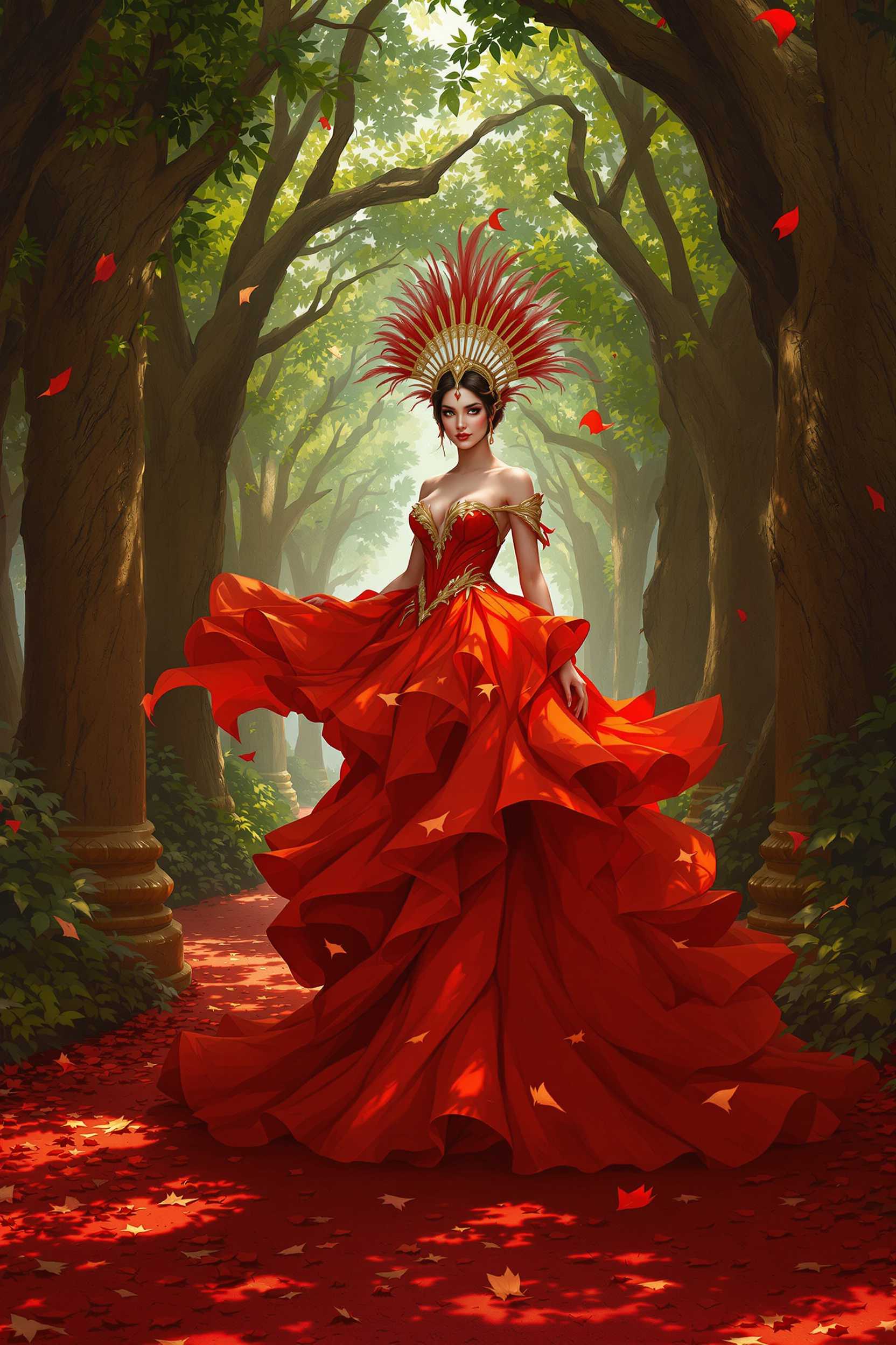 This image is a digital creation that exudes a sense of fantasy and grandeur. The art style is reminiscent of a highfantasy genre, with a focus on rich, detailed costumes and a lush, verdant environment that suggests a setting far removed from the mundane.The medium appears to be a digital painting, given the smooth blending of colors and the lack of texture that one might expect from a traditional painting. The lighting and shadows are expertly rendered, creating a threedimensional effect that adds depth to the scene.The colors are vibrant and saturated, with a predominance of reds and oranges that give the image a warm, almost fiery quality. The reds of the dress and the surrounding foliage are complemented by the greens of the trees and the earthy tones of the ground, creating a harmonious and eyecatching palette.Objects in the image include1. The central figure, a woman dressed in a voluminous red gown that billows around her, giving the impression of movement and grandeur. The dress is detailed with golden embellishments and a long train that cascades behind her.2. A large, ornate headdress sits atop her head, its fanlike shape and intricate design suggesting a regal bearing. The headdress is adorned with what appears to be feathers or similar materials, adding to its majestic appearance.3. She is standing on a red, leafstrewn path that leads through a grove of ancientlooking trees, their trunks thick and textured. The path is bordered by two large, weathered pillars that stand as silent sentinels to the scene.4. The background is a tapestry of greenery, with the leaves of the trees fluttering in an unseen breeze, scattering petals across the path. The light filtering through the canopy casts a dappled effect on the ground, adding to the mystical ambiance of the setting.Overall, the image is a celebration of color, texture, and fantasy, inviting the viewer into a world of opulence and enchantment.