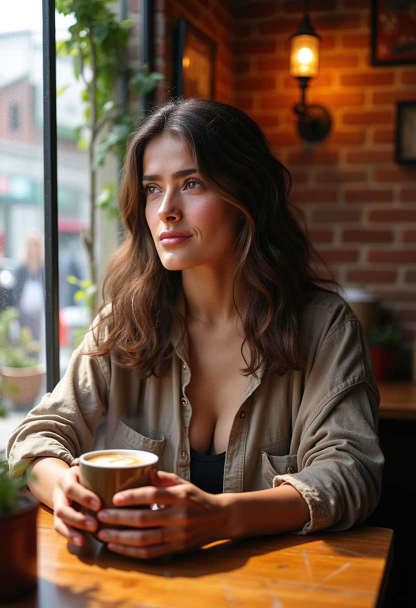 A stunning portrait photograph of SH72, captured in a cozy, intimate cafe setting. SH72 is seated at a small, rustic wooden table near a window, with soft, natural light streaming in, casting gentle shadows across their face and highlighting their expressive features. They wear a casual yet stylish outfit, with subtle textures in their clothing, holding a steaming cup of coffee in their hands, the faint wisps of steam rising delicately. The background features warm, earthy tones of the cafe interior—exposed brick walls, vintage decor, and blurred figures of other patrons to create depth and a lived-in atmosphere. The composition focuses on SH72 as the central subject, shot from a slightly low angle to emphasize their presence, with a shallow depth of field to softly blur the background, drawing attention to their thoughtful expression. The mood is serene and contemplative, evoking a quiet morning vibe with a hint of nostalgia, reminiscent of classic film photography in a cinematic, 35mm style. The image is rich in detail, with a warm color palette of amber, beige, and soft browns, enhanced by a subtle grain for authenticity.