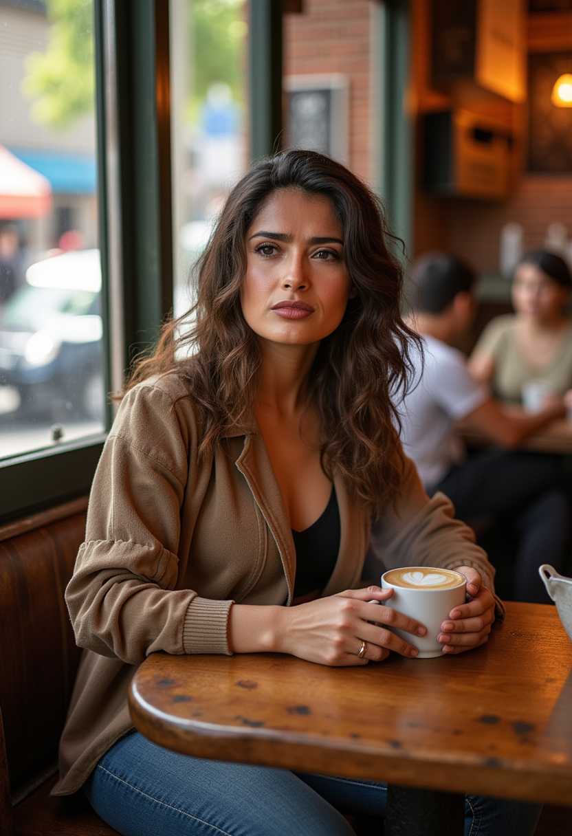 A stunning portrait photograph of SH72, captured in a cozy, intimate cafe setting. SH72 is seated at a small, rustic wooden table near a window, with soft, natural light streaming in, casting gentle shadows across their face and highlighting their expressive features. They wear a casual yet stylish outfit, with subtle textures in their clothing, holding a steaming cup of coffee in their hands, the faint wisps of steam rising delicately. The background features warm, earthy tones of the cafe interior—exposed brick walls, vintage decor, and blurred figures of other patrons to create depth and a lived-in atmosphere. The composition focuses on SH72 as the central subject, shot from a slightly low angle to emphasize their presence, with a shallow depth of field to softly blur the background, drawing attention to their thoughtful expression. The mood is serene and contemplative, evoking a quiet morning vibe with a hint of nostalgia, reminiscent of classic film photography in a cinematic, 35mm style. The image is rich in detail, with a warm color palette of amber, beige, and soft browns, enhanced by a subtle grain for authenticity.