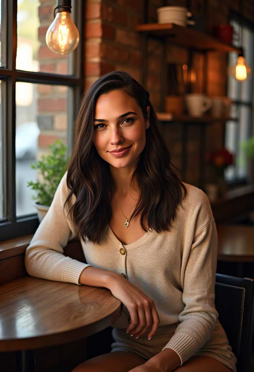 A stunning portrait of Gal Gadot captured in a cozy, intimate cafe setting. She sits at a small, rustic wooden table near a window, with soft natural light streaming in, casting gentle highlights on her face and creating a warm, golden glow. Her expression is relaxed yet captivating, with a subtle smile and piercing eyes that draw the viewer in. She wears a casual yet elegant outfit, such as a cream-colored sweater, with her hair loosely styled, framing her face naturally. The cafe background features blurred details of vintage decor—think exposed brick walls, hanging Edison bulb lights, and shelves with old books and coffee mugs—adding depth and charm. The composition focuses on a close-up shot, with Gal Gadot centered in the frame, slightly angled to the side, creating a dynamic yet intimate perspective. The mood is serene and inviting, evoking a quiet afternoon with the faint aroma of coffee in the air. The style is cinematic, reminiscent of a high-end editorial photoshoot, with a shallow depth of field, rich color tones, and a soft bokeh effect in the background. Highly detailed textures, such as the grain of the wood and the softness of her sweater, enhance the realism of the scene, rendered in 8K resolution with a focus on photorealistic precision.
