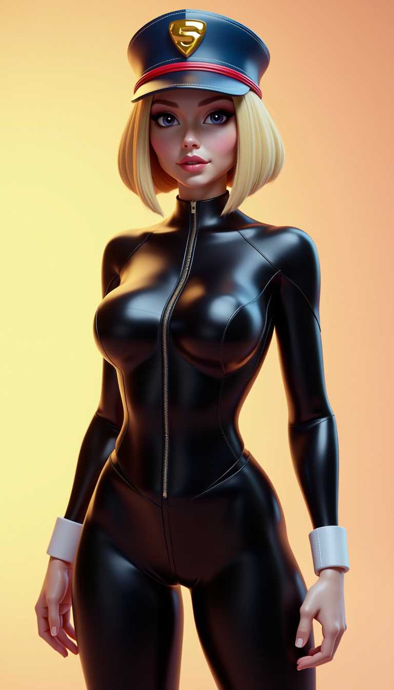 This image features a 3D rendered female character dressed in a futuristic, sleek outfit. The character is wearing a black bodysuit with a shiny, glossy texture that gives the appearance of a synthetic material, possibly leather or a similar substance. The bodysuit has a formfitting design that contours closely to the figure, highlighting the curves of the body.The outfit includes a highcollared top with a zipper that runs down the front, and the sleeves are long with a white cuff at the wrists. The cuffs are also adorned with a white trim, which matches the trim on the collar. The character is wearing a matching pair of pants that are also formfitting and have a zipper at the front, similar to the bodysuit.On the head, the character is wearing a peaked cap with a blue brim and a red band. The cap has a gold emblem in the center, which is a stylized S enclosed in a circle. The emblem is reflective, matching the shiny texture of the outfit.The character has blonde hair styled in a bob cut, and the hair is rendered with a high level of detail, including individual strands and highlights. The hair is parted in the middle and falls straight down the back.The background is a soft gradient of warm colors, transitioning from a light yellow at the top to a soft peach at the bottom. The gradient gives the image a dreamy, ethereal quality.The art style of the image is realistic with a touch of fantasy, emphasized by the exaggerated curves of the character and the shiny, glossy texture of the outfit. The medium appears to be a 3D rendering, as indicated by the smooth surfaces and the way light interacts with the objects in the scene.