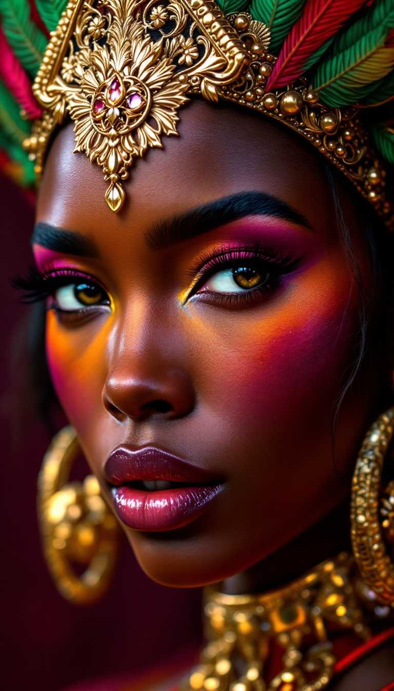 A hyper-realistic digital painting of a close-up portrait featuring a person's face, exuding regal elegance and mystique. The artwork showcases intricate textures and lifelike details, with smooth gradients and seamless color blending, reminiscent of high-end digital rendering. The color palette is rich and vibrant, dominated by deep, saturated reds contrasting with warm, glowing skin tones, complemented by luxurious metallic golds and mysterious purples. The golden accents, including a striking triangular headpiece adorned with detailed engravings and vibrant green and pink feather-like or leaf motifs, shimmer with a warm, reflective sheen, evoking a sense of opulence. Large, circular golden earrings with matching intricate designs and a hint of a golden collar or necklace enhance the majestic aura. The person's facial features are meticulously rendered, with soft, natural lighting casting gentle highlights and shadows that accentuate the contours of the face, creating a three-dimensional effect. The composition is tightly framed, focusing on the face and ornate accessories, with a deliberately blurred background in muted purple tones that adds depth and draws attention to the subject. The mood is powerful and elegant, with an enigmatic atmosphere, set against a backdrop that suggests a timeless, royal setting. The image is crafted with a photorealistic style, emphasizing fine details like the texture of the skin, the metallic gleam of the gold, and the subtle interplay of light and shadow, captured as if through a high-definition close-up lens with a shallow depth of field.