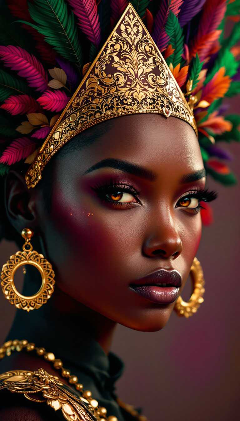 A hyper-realistic digital painting of a close-up portrait featuring a person's face, exuding regal elegance and mystique. The artwork showcases intricate textures and lifelike details, with smooth gradients and seamless color blending, reminiscent of high-end digital rendering. The color palette is rich and vibrant, dominated by deep, saturated reds contrasting with warm, glowing skin tones, complemented by luxurious metallic golds and mysterious purples. The golden accents, including a striking triangular headpiece adorned with detailed engravings and vibrant green and pink feather-like or leaf motifs, shimmer with a warm, reflective sheen, evoking a sense of opulence. Large, circular golden earrings with matching intricate designs and a hint of a golden collar or necklace enhance the majestic aura. The person's facial features are meticulously rendered, with soft, natural lighting casting gentle highlights and shadows that accentuate the contours of the face, creating a three-dimensional effect. The composition is tightly framed, focusing on the face and ornate accessories, with a deliberately blurred background in muted purple tones that adds depth and draws attention to the subject. The mood is powerful and elegant, with an enigmatic atmosphere, set against a backdrop that suggests a timeless, royal setting. The image is crafted with a photorealistic style, emphasizing fine details like the texture of the skin, the metallic gleam of the gold, and the subtle interplay of light and shadow, captured as if through a high-definition close-up lens with a shallow depth of field.