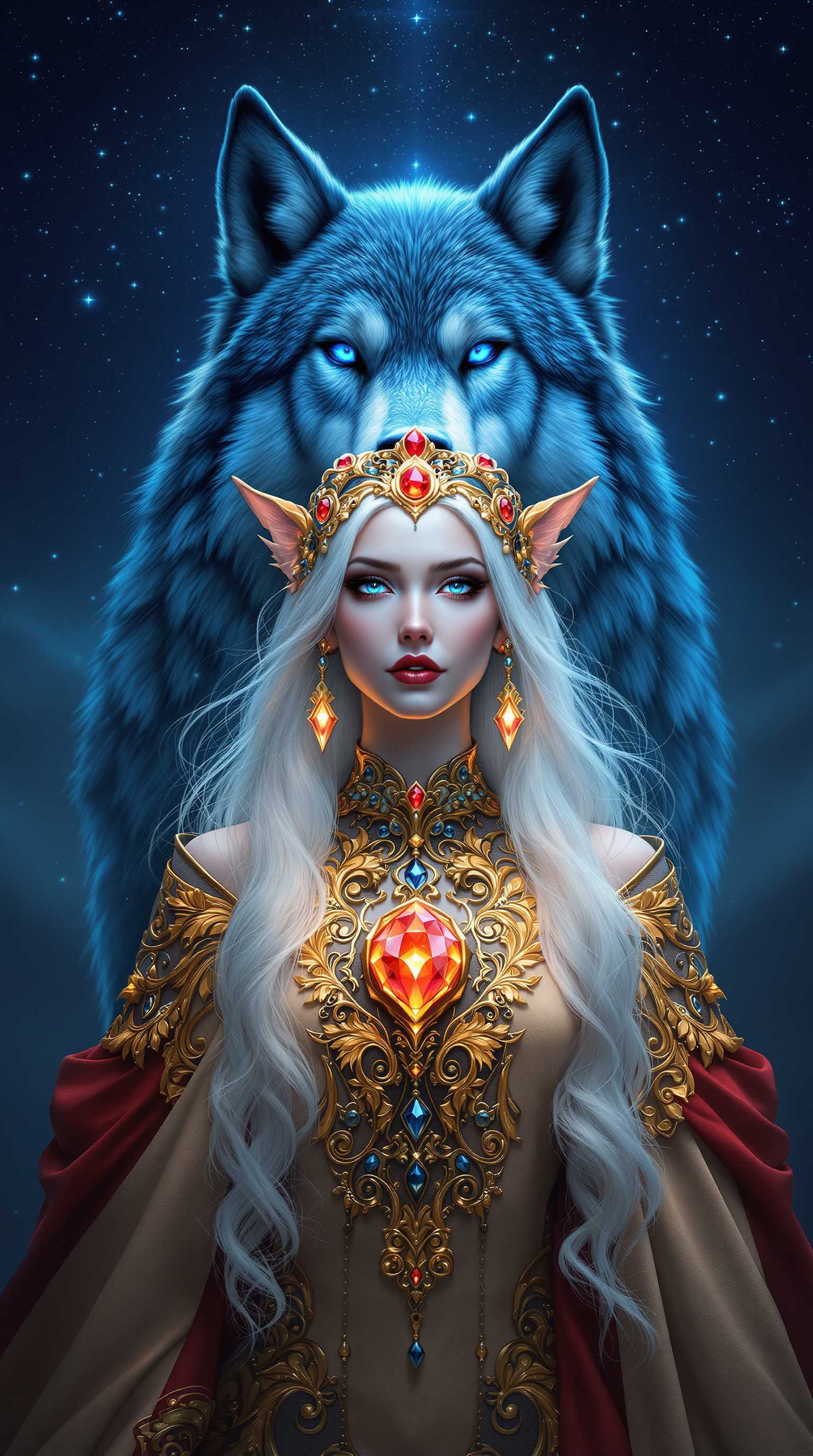 A breathtaking digital painting of a mythical siren-like figure, exuding an ethereal and otherworldly aura, standing as the central focus of the composition. The character possesses striking wolflike ears, adding to their fantastical nature, and is rendered with hyper-realistic detail, showcasing intricate textures in their features and attire. The art style blends high realism with fantasy elements, reminiscent of modern digital fantasy art, with advanced rendering techniques that emphasize lifelike depth and three-dimensionality.

The figure is adorned in an elaborate golden headpiece encrusted with vibrant red gemstones and delicate floral motifs, paired with a matching necklace featuring a large, glowing red gem at its center. Their flowing garment is an ornate golden design with bold red accents, the fabric catching the light with subtle metallic sheen and intricate embroidery details. The character's pure white hair cascades softly, contrasting beautifully with the warm golds and vivid reds of their attire, enhancing their divine and mystical presence.

Behind the figure stands a majestic wolf, its fur a striking, unnatural blue that glows with a faint, magical aura. The wolf's intense, luminous blue eyes pierce through the scene, and its detailed fur texture ripples with subtle highlights and shadows, adding to its otherworldly mystique. The background is a deep, velvety night sky, dotted with countless twinkling stars that shimmer softly, creating a sense of infinite wonder and magic.

The composition is framed with the siren-like figure positioned slightly off-center, gazing forward with an enigmatic expression, while the wolf looms protectively behind, its head tilted upward as if howling to the unseen moon. The camera angle is slightly low, looking up at the subjects to emphasize their grandeur and dominance in the scene. Lighting is dramatic and cinematic, with a soft, ethereal glow emanating from the characters and the wolf, casting gentle highlights and deep shadows that enhance the three-dimensional quality of the image. The interplay of light and shadow accentuates the textures of the fur, jewelry, and fabric, creating a tactile sense of realism.

The color palette is rich and vibrant, dominated by pristine whites, warm golds, and deep blues, with bold red accents that draw the eye to key details. The mood is enchanting and mysterious, evoking a sense of ancient magic and untold stories, set under a starlit night sky with a cool, serene atmosphere. The overall ambiance is one of awe and reverence, as if witnessing a sacred moment between a mythical being and their guardian spirit.