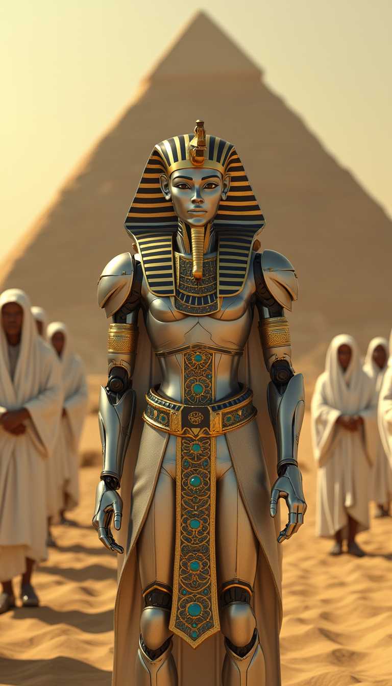 This image is a digital artwork that captures a scene set in an ancient Egyptian desert landscape. The central figure is a humanoid robot dressed in a detailed Egyptian pharaonic costume, with a metallic silver body adorned with gold and black accents. The robots head is encased in a traditional Egyptian headdress, with a striped pattern and a golden beard, suggesting a blend of ancient Egyptian royalty with futuristic technology.The robot stands prominently in the foreground, with a group of figures in white robes and head coverings in the background, appearing to be in a line, facing away from the viewer, as if in a procession or ceremony. The figures are uniformly dressed, with their hands clasped together in front of them, contributing to a sense of solemnity and reverence.The art style of the image is a blend of photorealism and fantasy, with attention to historical accuracy in the costumes and architecture, while the robot introduces a science fiction element. The medium appears to be a 3D rendering, given the smooth surfaces and lighting, which are typical of this type of digital artwork.The colors in the image are warm and earthy, with the golden tones of the robots costume standing out against the sandy desert backdrop. The sky is a soft, warm yellow, suggesting either sunrise or sunset. The white robes of the figures in the background contrast with the golden tones of the robot, creating a visually striking composition.Objects in the image include the robot, the pyramid in the background, and the figures in the desert. The pyramid is a large, smoothsided structure with a pointed apex, a hallmark of ancient Egyptian architecture. The robot is the focal point, with its detailed costume and futuristic design. The figures in the background add depth to the scene and contribute to the narrative of a ceremonial procession.Overall, the image is a compelling blend of ancient Egyptian history and science fiction, rendered with attention to detail and a cinematic quality.