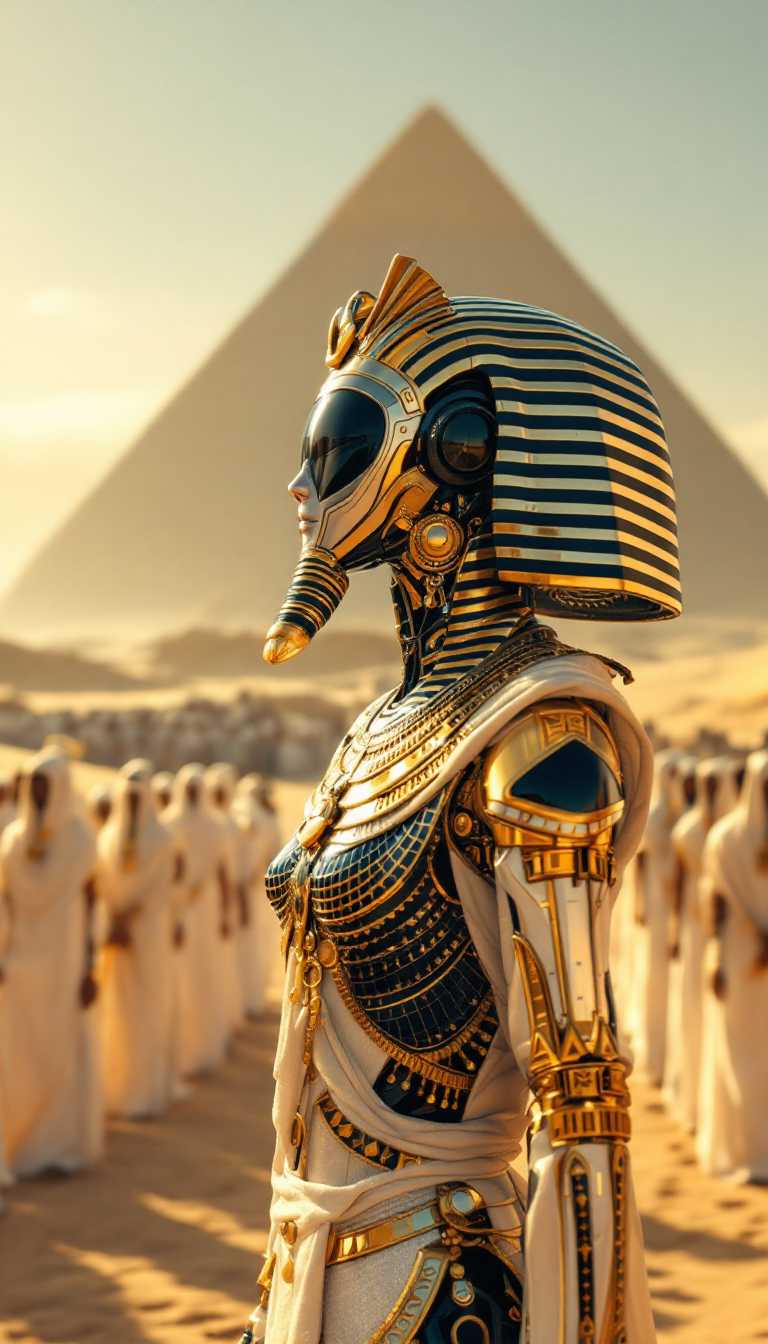 A breathtaking digital artwork depicting an ancient Egyptian desert landscape, blending historical grandeur with futuristic innovation. In the foreground, a striking humanoid robot stands as the central figure, its sleek metallic silver body intricately adorned with gold and black accents, dressed in an elaborate pharaonic costume. The robot's head is encased in a traditional Egyptian headdress, featuring a bold striped pattern and a shimmering golden beard, embodying a fusion of ancient royalty and cutting-edge technology. The robot's surface reflects subtle highlights, emphasizing its polished, futuristic texture under the warm desert light.

In the background, a solemn procession of figures in flowing white robes and head coverings stands in a neat line, facing away from the viewer, their hands clasped in front of them in a gesture of reverence. Their uniformity and posture evoke a deep sense of ceremony and spiritual weight. Beyond them, a majestic pyramid rises from the sandy horizon, its smooth-sided structure and pointed apex a testament to ancient Egyptian architectural precision, bathed in the soft glow of the surrounding desert.

The scene is set against a vast, arid desert expanse, with rolling dunes of golden sand stretching into the distance, their textures finely detailed under the gentle illumination of a warm, soft yellow sky, suggesting the serene ambiance of sunrise or sunset. The color palette is dominated by earthy tones—rich golds, warm sands, and stark whites—creating a harmonious yet striking contrast between the robot's metallic sheen and the organic desert environment.

Rendered in a photorealistic yet fantastical style, the artwork combines historical accuracy in the costumes and architecture with a bold science fiction twist, achieved through a 3D rendering technique. The composition is cinematic, with the robot positioned prominently in the foreground, framed by a low camera angle that enhances its imposing presence. The procession and pyramid in the background add depth and narrative, guiding the viewer's eye through the layered scene.

The mood is one of awe and mystery, capturing the timeless grandeur of ancient Egypt while hinting at a futuristic enigma. The lighting is soft and diffused, casting delicate shadows across the dunes and highlighting the intricate details of the robot's costume, with a subtle interplay of warm highlights and cool metallic tones. This image is a masterful fusion of history and imagination, evoking a sense of reverence and wonder in a unified, visually stunning tableau.
