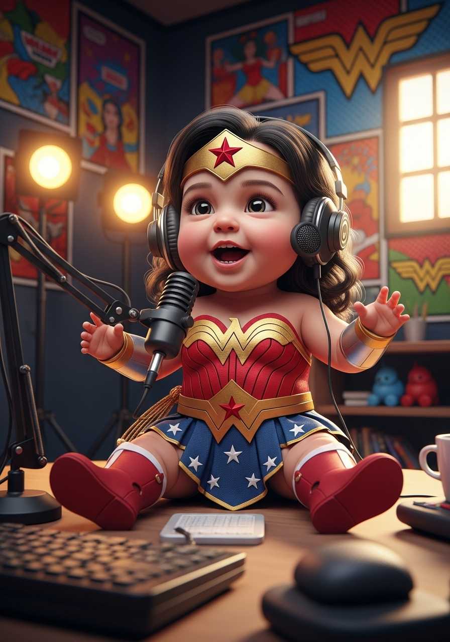 A whimsical and empowering scene of a baby Wonder Woman hosting a podcast, seated at a miniature podcasting setup with a tiny microphone and headphones adjusted to her small size. She wears an adorable, scaled-down version of the iconic Wonder Woman costume, complete with a red and gold bodice, blue starry skirt, tiara, and tiny red boots, all crafted with intricate detailing and a soft, fabric-like texture. Her expression is animated and confident, with big, bright eyes and a playful smile as she speaks passionately into the microphone. The podcast studio background is vibrant and child-friendly, featuring colorful walls with comic book-style artwork and Wonder Woman logos, softly lit by warm, inviting studio lights. The composition focuses on the baby at the center, captured from a slightly low angle to emphasize her heroic presence, with the podcast equipment and background slightly blurred for depth of field. The artistic style is a blend of comic book illustration and hyper-realistic digital art, with bold outlines and vivid colors reminiscent of DC Comics. The mood is cheerful and inspiring, evoking a sense of wonder and empowerment, set in a cozy indoor environment with a sunny afternoon glow streaming through a small window. Rendered with high detail, sharp focus on the baby’s features, and a cinematic quality to highlight the charm and uniqueness of the scene.
