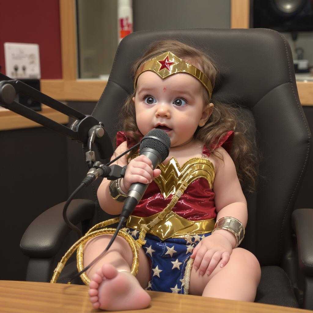 a baby wonder woman talking on a pod cast in a studio.