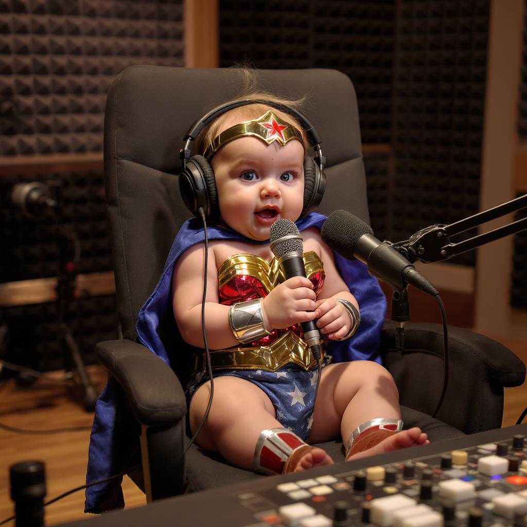 a baby wonder woman talking on a pod cast in a studio.
