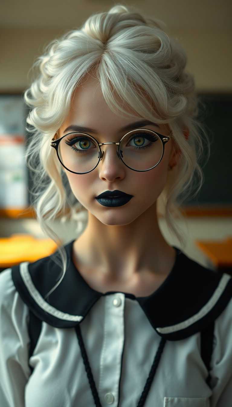 A striking 19-year-old with stark white hair cascading in delicate ringlets and curls from a small, neatly tied bun, framing her face with an ethereal elegance. Pale goth. Heavy makeup. She wears slim, round, wire-framed glasses that accentuate her piercing amber eyes, which seem to glow with an enigmatic intensity. Shiny Black painted Lips. Her attire is a catholic school girl's uniform. Standing in a college classroom. Full body picture
