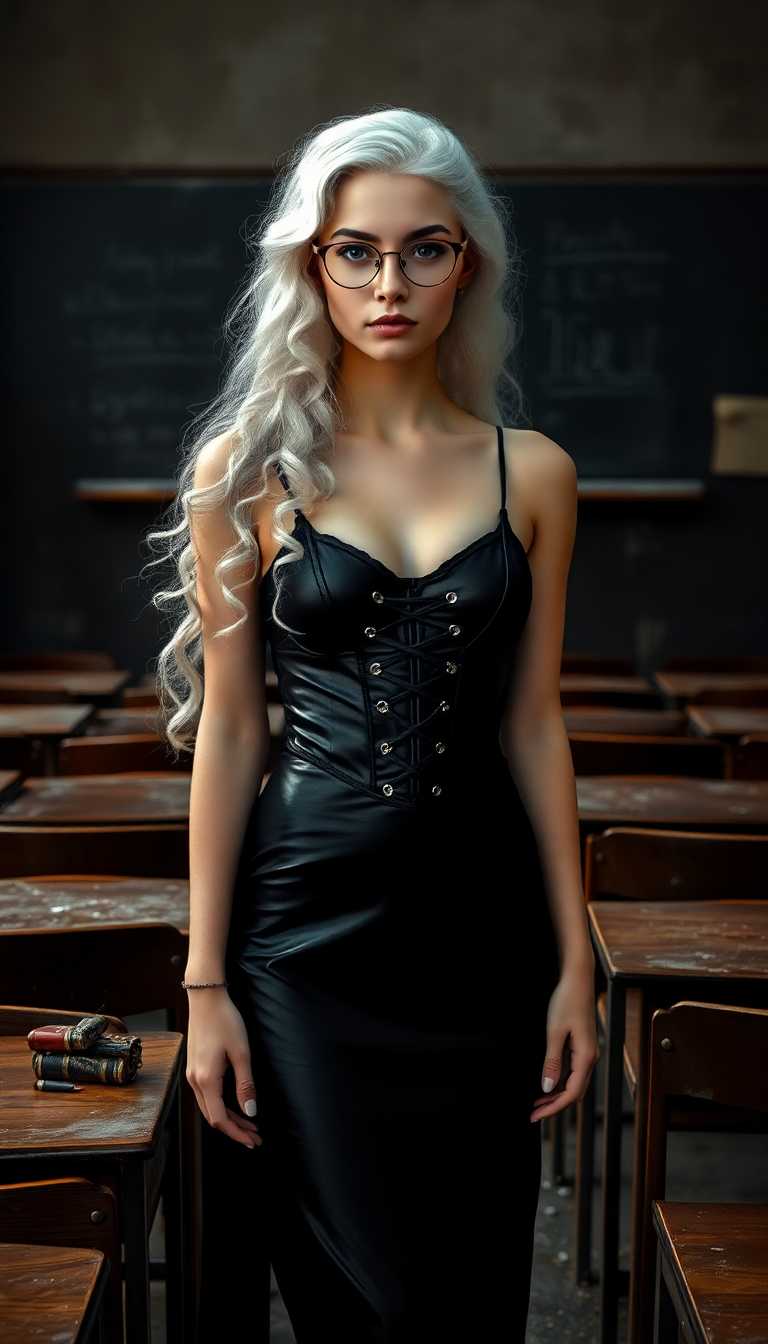 A 19-year-old woman with a mature, commanding presence, standing with graceful poise in the center of a dark, abandoned college classroom. The eerie, desolate space is filled with rows of overturned, polished wooden desks, splintered and covered in dust, while a weathered chalkboard looms in the background, marked with faint traces of chalk dust and ghostly scribbles. Her striking white hair cascades in delicate, hyper-detailed ringlets and curls, flowing down her back and framing her face with an angelic yet haunting elegance, each strand shimmering with a soft, ethereal glow. She wears a flowing, shiny black latex microdress adorned with intricate straps and slim silver chains, paired with a skintight black latex corset that clings to her form, exuding sensuality and refined domination. Slim, round wire-framed glasses rest delicately on her nose, enhancing her intellectual charm and complementing her enigmatic, thoughtful expression, her piercing gaze fixed ahead with quiet intensity. In her hands, she cradles an oily iridescent black crystal pyramid, its polished surface gleaming with mesmerizing, shifting hues of violet, indigo, and emerald under the dim, flickering light, its sharp edges reflecting an otherworldly mystique that adds an element of intrigue to the scene. The composition is framed from a slightly low angle, emphasizing her commanding stature against the decaying classroom, with debris and broken furniture scattered haphazardly around her feet, creating a stark contrast between her pristine elegance and the chaotic ruin. The mood is haunting and surreal, with a cold, bluish twilight filtering through cracked, dusty windows, casting long, dramatic shadows across the scene. The atmosphere feels heavy with forgotten memories, enhanced by subtle details like peeling wallpaper and cobwebs clinging to the corners. Rendered in a hyper-realistic style with elements of dark romanticism, focusing on intricate textures, dramatic chiaroscuro lighting, and a cinematic depth of field to highlight the interplay of beauty and decay.
