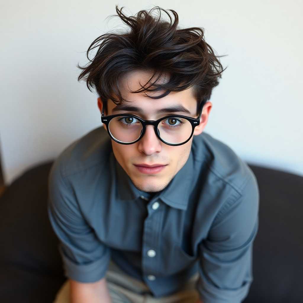 Late 20s, slim, pretty man. Effeminate  with dark brown hair messy and shaggy. Thick glasses and freckles. Wearing a button down dress shirt and khakis