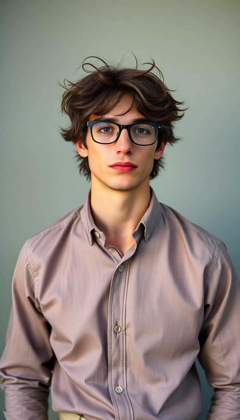 Late 20s, slim, pretty man. Effeminate  with dark brown hair messy and shaggy. Thick glasses and freckles. Wearing a button down dress shirt and khakis
