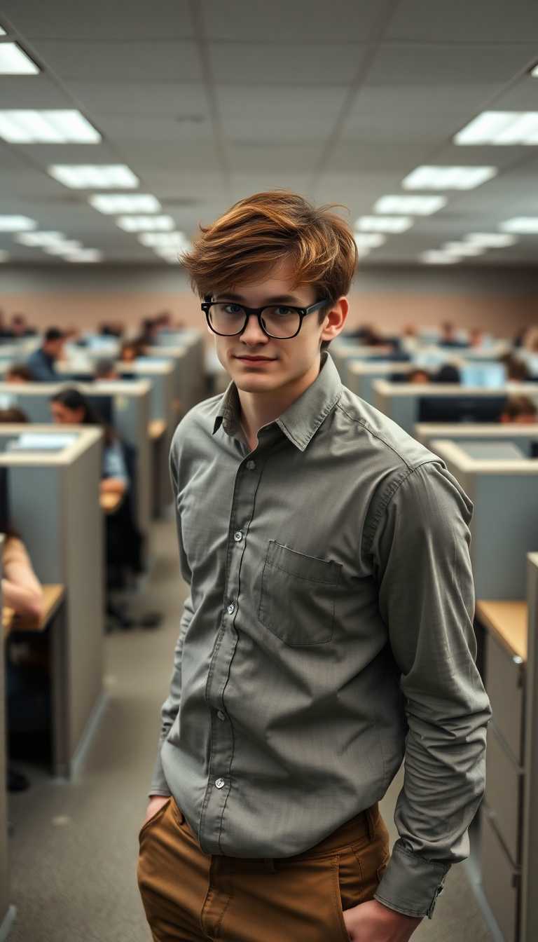 Late 20s, slim, pretty man. Effeminate  with dark auburn hair messy and shaggy. Thick glasses and freckles. Wearing a button down dress shirt and khakis. Standing in a large office filled with cubicles populated by people