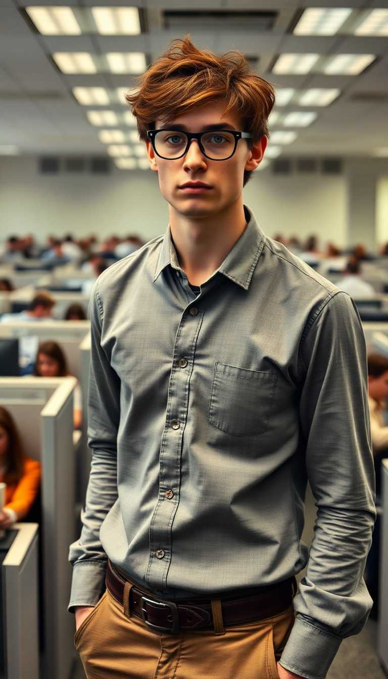 Late 20s, slim, pretty man. Effeminate  with dark auburn hair messy and shaggy. Thick glasses and freckles. Wearing a button down dress shirt and khakis. Standing in a large office filled with cubicles populated by people. Sad looking