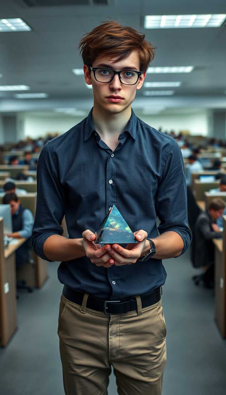 Late 20s, slim, pretty man. Effeminate  with dark auburn hair messy and shaggy. Thick glasses and freckles. Wearing a button down dress shirt and khakis. Standing in a large office filled with cubicles populated by people. Sad looking. Holding a small iridescent black crystal pyramid