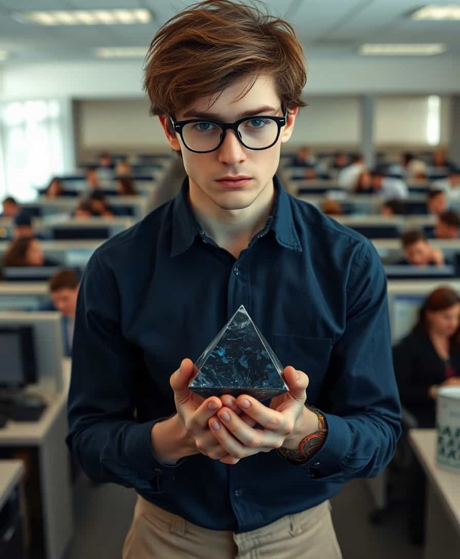 Late 20s, slim, pretty man. Effeminate  with dark auburn hair messy and shaggy. Thick glasses and freckles. Wearing a dark blue button down dress shirt and light tan khakis. Standing in a large office filled with cubicles populated by people. Sad looking. Holding a small iridescent black crystal pyramid