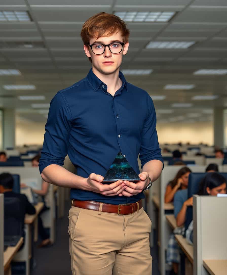 Late 20s, slim, pretty man. Effeminate  with dark auburn hair messy and shoulder length. Thick glasses and freckles. Wearing a dark blue button down dress shirt and light tan khakis. Standing in a large office filled with cubicles populated by people. Sad looking. Holding a small iridescent black crystal pyramid