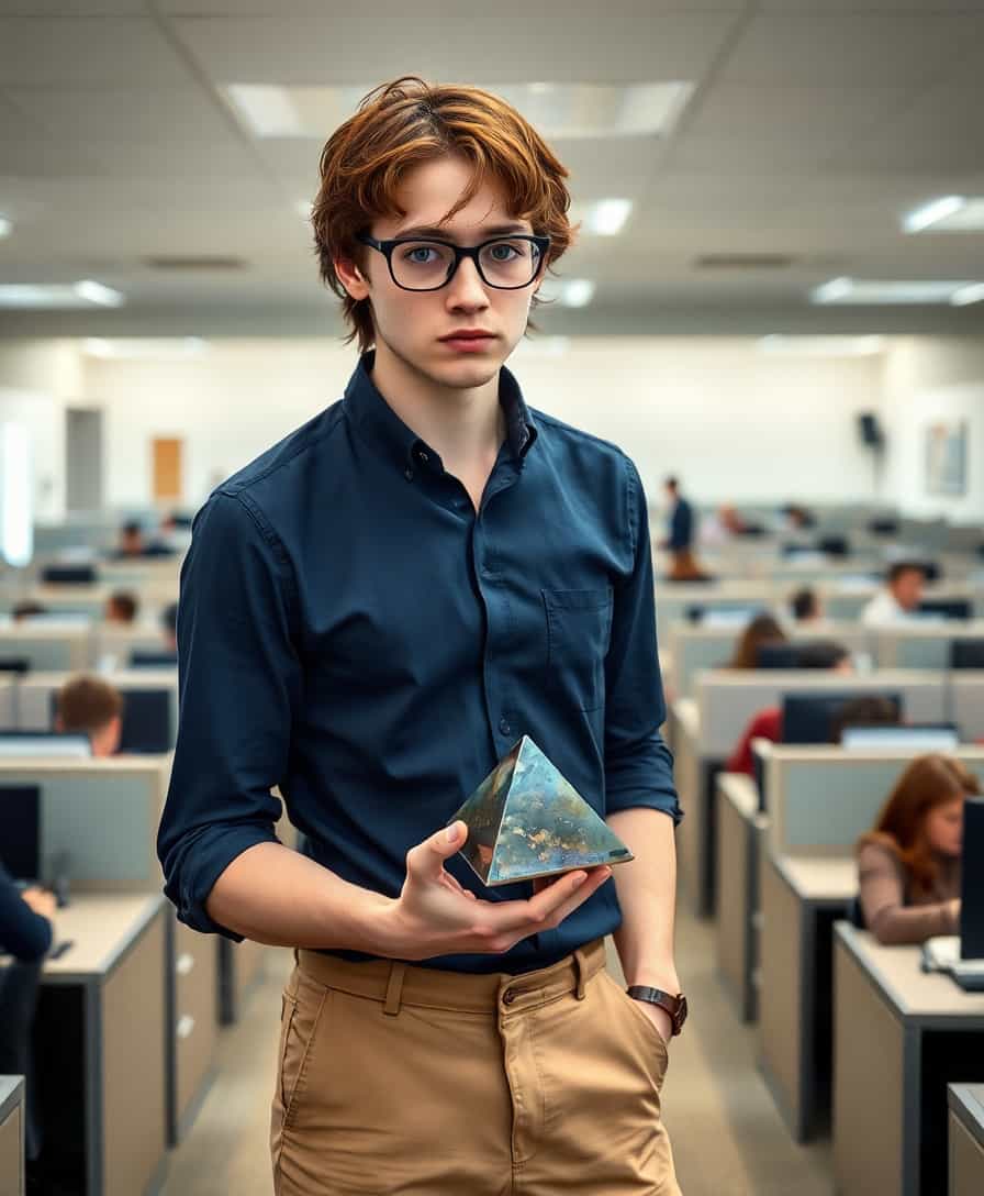 Late 20s, slim, pretty man. Effeminate  with dark auburn hair messy shoulder length. Thick glasses and freckles. Wearing a dark blue button down dress shirt and light tan khakis. Standing in a large office filled with cubicles populated by people. Sad looking. Holding a small iridescent black crystal pyramid