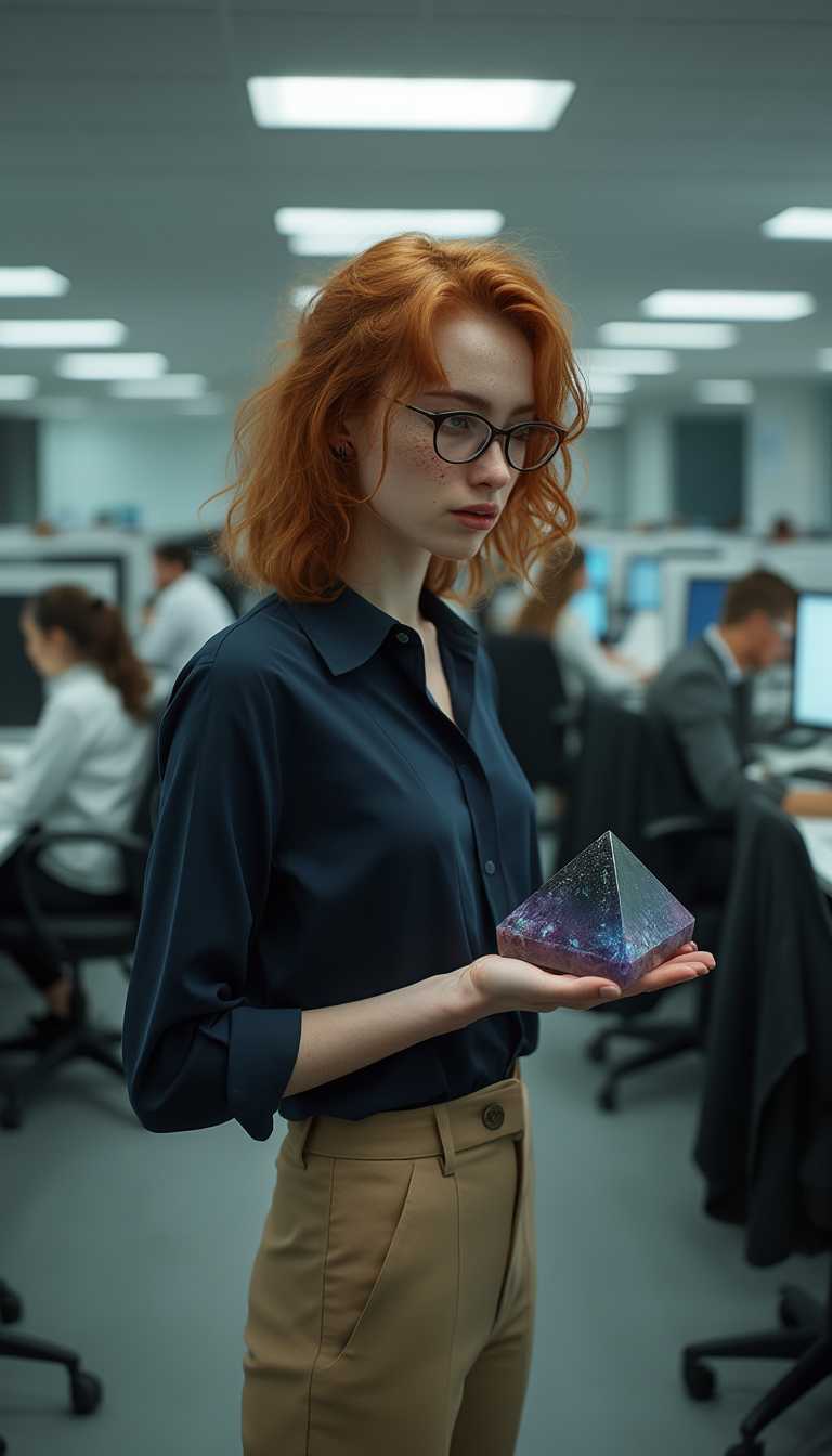 A late 20s, slim, and strikingly pretty woman with an feminine charm, standing in a bustling office environment. fair skin adorned with a scattering of freckles across his cheeks and nose, and thick, messy shoulder-length red hair that cascades in soft, untamed waves. His expressive eyes are framed by thick, slightly oversized glasses that add a touch of quirky sophistication. He wears a tailored dark blue latex blouse, paired with light tan latex khakis that fit neatly at her slender frame. In his delicate hands, he holds a small, iridescent black crystal pyramid, its surface shimmering with subtle hues of violet and green under the fluorescent office lights. The large office around him is filled with rows of cubicles, each occupied by busy workers typing or talking, creating a sense of mundane corporate chaos. The composition focuses on the man as the central figure, captured from a slightly low angle to emphasize his melancholic expression and the weight of her sadness. Her face carries a poignant, wistful look, with downturned lips and distant eyes, contrasting with the indifferent energy of the office. The lighting is cool and artificial, casting soft shadows across his features, while the atmosphere feels heavy with a quiet, introspective sorrow. The style is photorealistic, with a cinematic depth of field—sharp focus on the man and the crystal pyramid, while the background cubicles and workers blur slightly, mimicking a professional portrait lens effect. The overall mood is somber and isolated, evoking a sense of disconnection amidst a crowded, impersonal space.