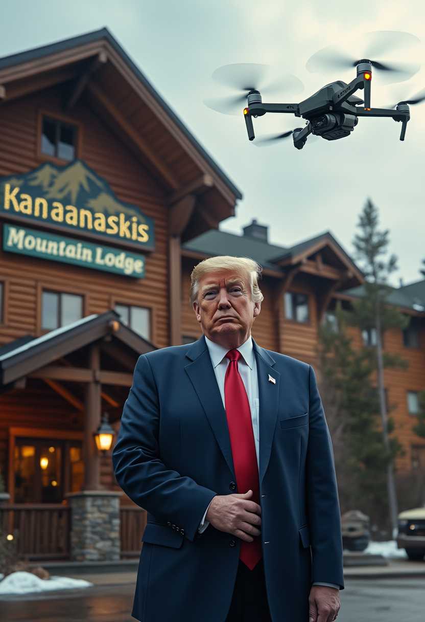 AI-generated image: Create an image of Donald Trump blue suit red standing in front a rustic hotel with the name that re