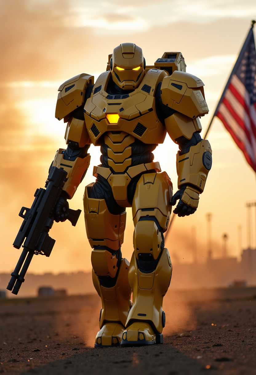 AI-generated image: A portrait photo of a photo of MUSK, Maximus power armor with heavy weapons on at the battlefield.