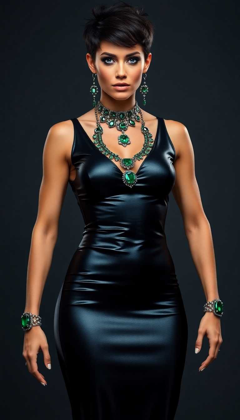 Tall, brutally muscled mid 30s, woman. Short spiky black hair, bright blue eyes. Dressed in a floor length skin tight slinky shiny metallic black gown. Neck, ears and wrists draped in emerald encrusted jewelry.