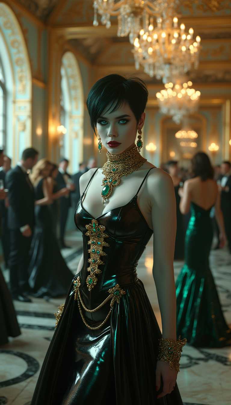 A mesmerizing Amazonian woman in her mid-30s, radiating a pale, vampiric allure with an ethereal, otherworldly presence, commands the scene as the central figure. Her ghostly, porcelain complexion contrasts vividly with her short, spiky jet-black hair and piercing, luminescent bright blue eyes that glow with an unnatural, hypnotic intensity. Her powerful, muscular frame is accentuated by a floor-length, skin-tight metallic black satin gown, its mirror-like finish reflecting light with a sleek, liquid-metal sheen, clinging to every curve with flawless precision. A shiny gold latex corset cinches her torso, adding a bold, futuristic edge to her striking silhouette. Opulent emerald and gold jewelry—necklace, earrings, and bracelets—adorns her, the deep green stones shimmering with a supernatural, otherworldly luminescence. Her gothic makeup is captivating: dark, smoky eyeshadow seamlessly blends into sharp, dramatic black eyeliner, while deep crimson lips enhance her haunting, mesmerizing beauty. She stands with unshakable confidence in the heart of a lavish, grand ballroom, surrounded by gilded walls intricately carved with baroque details, massive crystal chandeliers casting a warm, golden glow, and polished marble floors reflecting the opulence above. Around her, elegantly dressed figures in flowing silk gowns and tailored tuxedos dance with graceful fluidity, sipping champagne from delicate crystal flutes, their soft laughter and murmurs creating a lively yet distant hum of sophistication. The composition is framed from a low camera angle, emphasizing her towering, imposing stature as the commanding focal point, with the crowd subtly blurred in the background to enhance depth and draw the eye to her dominance. The mood is mysterious and decadent, steeped in a late-evening ambiance, with soft, ambient lighting filtering through a delicate haze of luxury and intrigue, casting dramatic shadows and glowing highlights. The style fuses gothic romanticism with high-fashion photography, showcasing hyper-detailed textures in the reflective satin gown, glossy latex corset, and radiant jewelry, while embracing a cinematic, Tim Burton-inspired dark fantasy aesthetic with sophisticated elegance, sharp contrasts, and a hauntingly beautiful atmosphere.