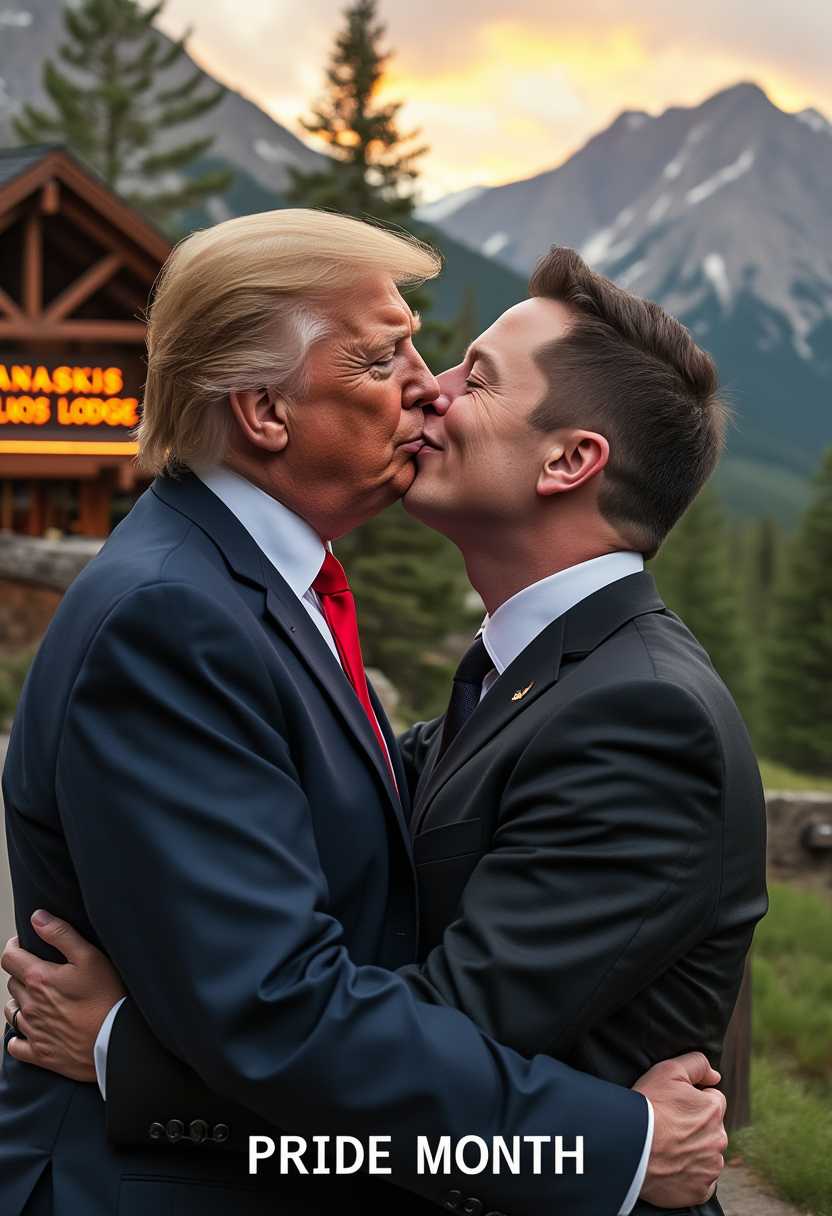 AI-generated image: A powerful and intimate portrait of Donald Trump and Elon Musk sharing a deep, loving kiss and embra