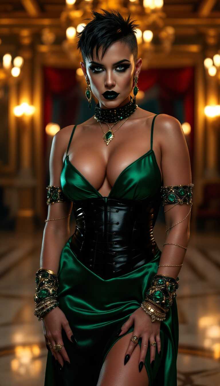 A striking portrait of wrestler Becky Lynch, dressed in a shimmering green satin evening gown. with a tight black latex corset, elegantly accentuating her ample cleavage. Her short, spiky black hair gleams under the warm ballroom lights, framing her piercing blue eyes. Her gothic, heavy makeup features dramatic dark eyeshadow and shiny black lipstick, complemented by long, glossy black nails. Adorned with opulent emerald and gold jewelry—bracelets on her wrists, a choker necklace, rings on her fingers, and dangling earrings—her look exudes dark elegance. She stands confidently in a luxurious ballroom with ornate golden chandeliers, polished marble floors, and rich crimson drapes in the background. The composition focuses on her as the central figure, captured from a slight low angle to emphasize her powerful presence, with soft, ambient lighting casting subtle highlights on the satin fabric and jewelry. The mood is bold and dramatic, with a mysterious, nocturnal atmosphere, evoking a sense of gothic sophistication and strength. Rendered in a hyper-realistic digital painting style with meticulous attention to texture, detail, and cinematic lighting.