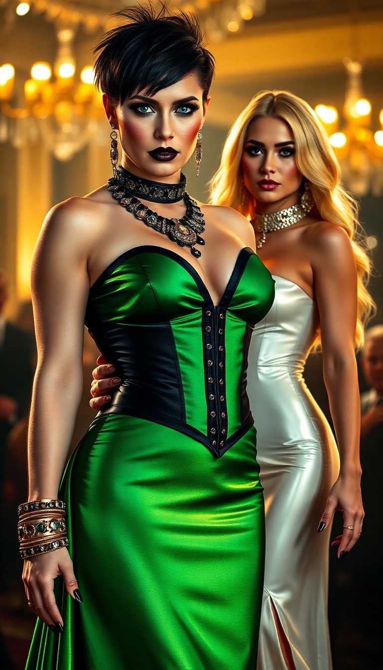 A striking portrait of wrestler Becky Lynch, exuding dark elegance, dressed in a shimmering green satin evening gown that cascades with a luxurious sheen, paired with a tight black latex corset that sculpts her form and accentuates her ample cleavage. Her short, spiky black hair catches the warm, golden glow of ballroom lights, framing her piercing blue eyes with an intense gaze. Her gothic makeup is bold and dramatic, featuring heavy dark eyeshadow with smoky, smudged edges, and glossy black lipstick that contrasts with her pale skin, while long, glossy black nails add a sharp, commanding edge. She is adorned with opulent emerald and gold jewelry—intricate bracelets on her wrists, a tight choker necklace, ornate rings on her fingers, and dangling earrings that shimmer with every movement. Beside her stands a striking blonde woman, dressed in a shiny white latex evening gown that clings to her form with a reflective, almost liquid-like texture, complemented by vivid ruby jewelry that glints like fire under the light. The scene unfolds in a luxurious ballroom, with ornate golden chandeliers casting a warm, ambient glow, polished marble floors reflecting subtle highlights, and rich crimson drapes framing the background with regal depth. The composition centers on Becky Lynch as the dominant figure, captured from a slight low angle to emphasize her powerful, commanding presence, while the blonde woman stands slightly to the side, creating a balanced yet dynamic duo. Soft, cinematic lighting bathes the scene, highlighting the intricate textures of the satin, latex, and jewelry, with delicate shadows adding depth to their forms. The mood is bold, dramatic, and mysterious, steeped in a nocturnal atmosphere of gothic sophistication and raw strength, evoking a sense of timeless allure. Rendered in a hyper-realistic digital painting style, with meticulous attention to every detail— from the reflective sheen of fabrics to the intricate designs of the jewelry— and masterful use of cinematic lighting to create a captivating, lifelike portrait.