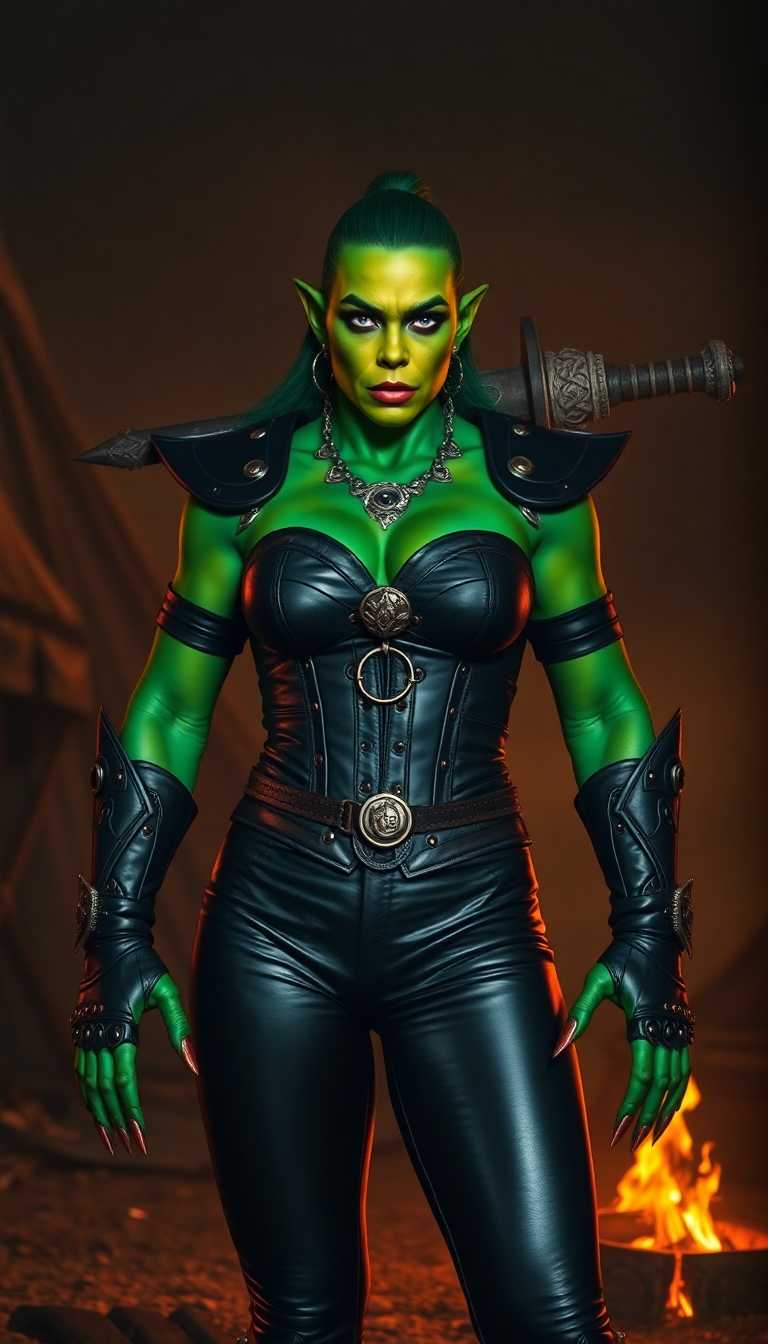 A majestic and powerful emerald-colored orc warrior queen, her skin shimmering with a deep, jewel-like green under the flickering light of a medieval army camp at night. She stands tall and commanding, dressed in sleek, shiny black leather pants and a tightly laced corset that accentuates her formidable presence. Her hands are adorned with blood-red talons, glinting menacingly, and wrapped in shiny black leather fingerless gloves that highlight her raw strength. A massive two-handed sword, intricately engraved with ancient runes, is strapped across her back, its hilt rising over her shoulder like a dark omen. Her fierce face is framed by multiple piercings—gleaming silver studs and hoops on her ears, a bold ring through her nose, and striking accents on her blood-red lips, adding to her intimidating beauty. She stands at the center of a rugged army encampment, surrounded by weathered canvas tents in muted earth tones, glowing firepits casting warm orange light and long shadows across the scene, and groups of battle-hardened orc warriors in the background, their armor clinking softly as they prepare for war. The composition focuses on the queen as the central figure, captured from a low angle to emphasize her towering dominance, with the camp sprawling chaotically around her. The mood is intense and foreboding, with a smoky, mystical atmosphere under a starless, inky black sky, the air thick with the scent of burning wood and the tension of impending battle. Rendered in a hyper-realistic fantasy art style, with meticulous attention to the reflective textures of leather, the metallic sheen of piercings and sword, and the gritty, lived-in details of the camp, enhanced by dramatic chiaroscuro lighting to heighten the contrast between light and shadow.