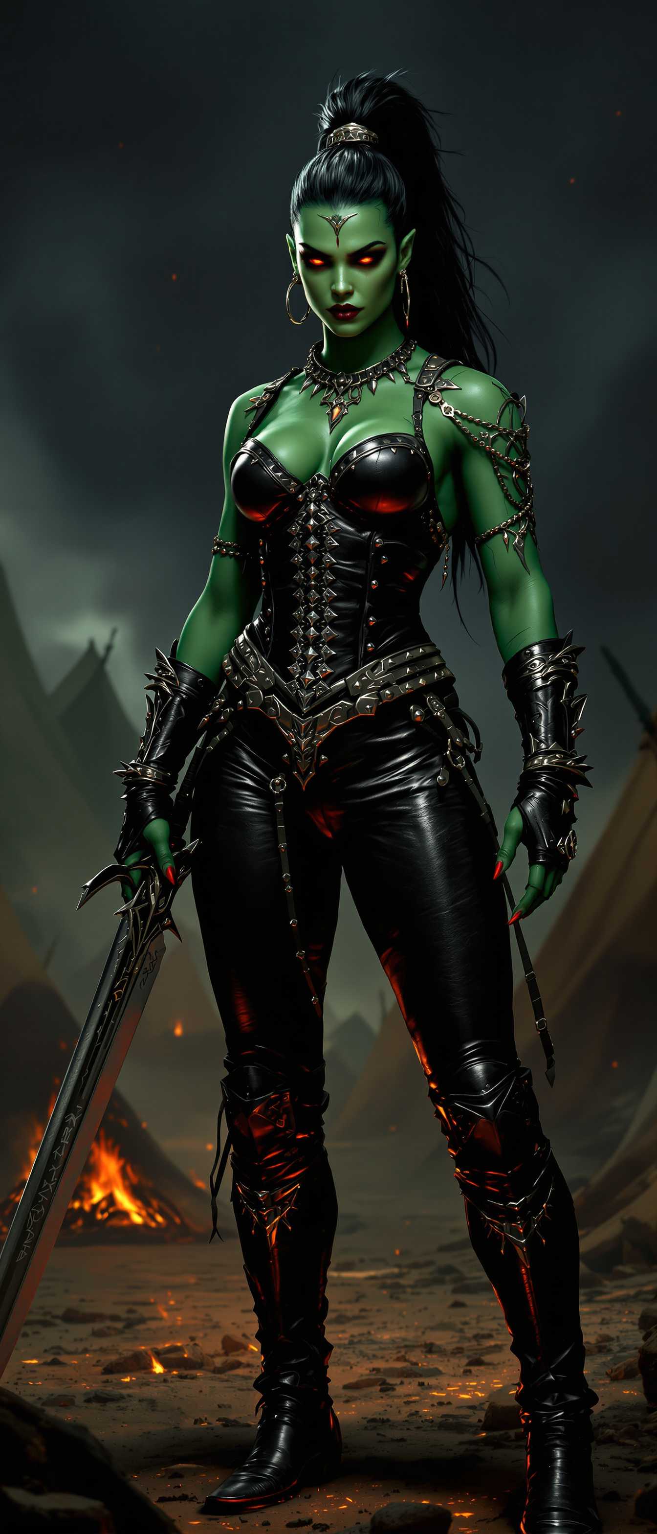 A majestic and powerful emerald-colored orc warrior queen with black hair in a high long ponytail, her skin shimmering with a deep, jewel-like green under the flickering light of a medieval army camp at night. She stands tall and commanding, dressed in sleek, shiny black leather pants and a tightly laced corset that accentuates her formidable presence. Her hands are adorned with blood-red talons, glinting menacingly, and wrapped in shiny black leather fingerless gloves that highlight her raw strength. A massive two-handed sword, intricately engraved with ancient runes, is strapped across her back, its hilt rising over her shoulder like a dark omen. Her fierce face is framed by multiple piercings—gleaming silver studs and hoops on her ears, a bold ring through her nose, and striking accents on her blood-red lips, numerous tribal tattoos adding to her intimidating beauty. 

She stands at the center of a rugged army encampment, surrounded by weathered canvas tents in muted earth tones, glowing firepits casting warm orange light and long shadows across the scene, and groups of battle-hardened orc warriors in the background, their armor clinking softly as they prepare for war. The composition focuses on the queen as the central figure, captured from a low angle to emphasize her towering dominance, with the camp sprawling chaotically around her. The mood is intense and foreboding, with a smoky, mystical atmosphere under a starless, inky black sky, the air thick with the scent of burning wood and the tension of impending battle. Rendered in a hyper-realistic fantasy art style, with meticulous attention to the reflective textures of leather, the metallic sheen of piercings and sword, and the gritty, lived-in details of the camp, enhanced by dramatic chiaroscuro lighting to heighten the contrast between light and shadow.