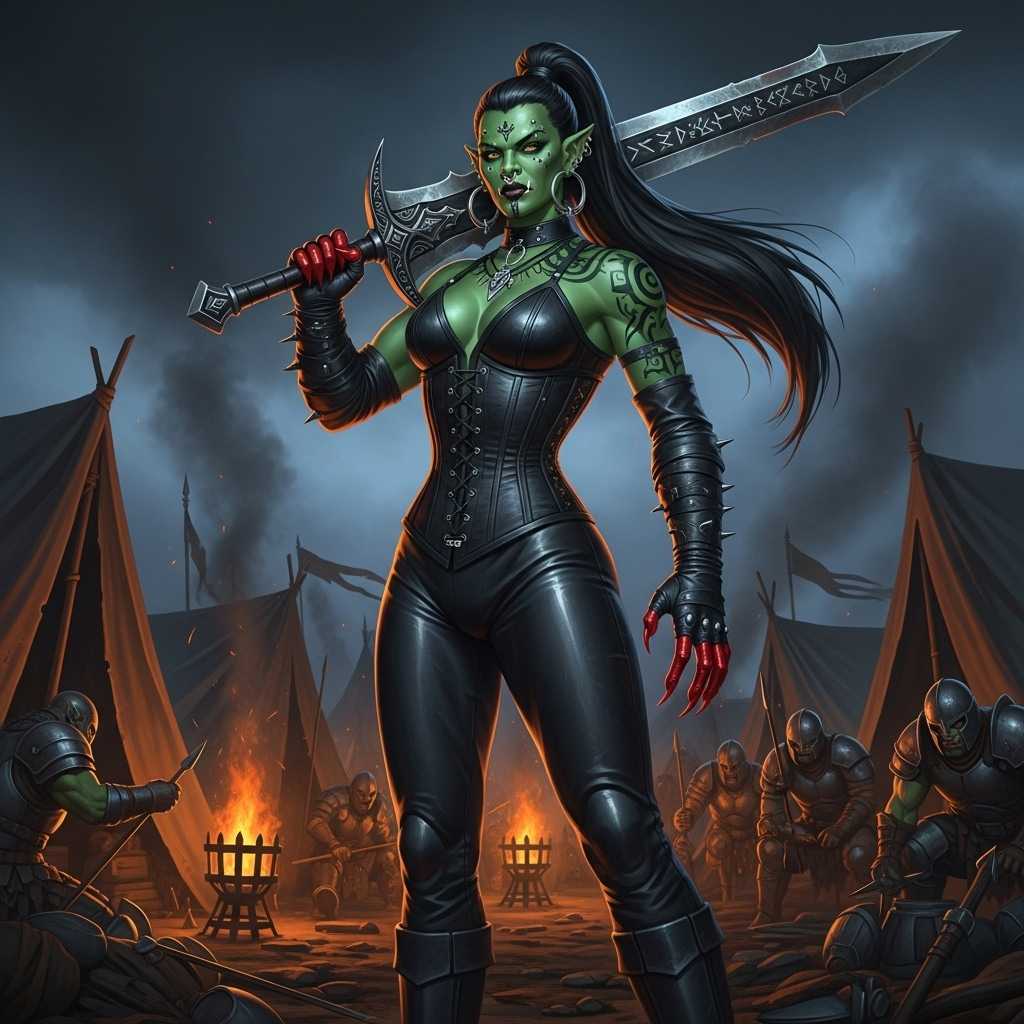 A majestic and powerful emerald-colored orc warrior queen with black hair in a high long ponytail, her skin shimmering with a deep, jewel-like green under the flickering light of a medieval army camp at night. She stands tall and commanding, dressed in sleek, shiny black leather pants and a tightly laced corset that accentuates her formidable presence. Her hands are adorned with blood-red talons, glinting menacingly, and wrapped in shiny black leather fingerless gloves that highlight her raw strength. A massive two-handed sword, intricately engraved with ancient runes, is strapped across her back, its hilt rising over her shoulder like a dark omen. Her fierce face is framed by multiple piercings—gleaming silver studs and hoops on her ears, a bold ring through her nose, and striking accents on her blood-red lips, numerous tribal tattoos adding to her intimidating beauty. 

She stands at the center of a rugged army encampment, surrounded by weathered canvas tents in muted earth tones, glowing firepits casting warm orange light and long shadows across the scene, and groups of battle-hardened orc warriors in the background, their armor clinking softly as they prepare for war. The composition focuses on the queen as the central figure, captured from a low angle to emphasize her towering dominance, with the camp sprawling chaotically around her. The mood is intense and foreboding, with a smoky, mystical atmosphere under a starless, inky black sky, the air thick with the scent of burning wood and the tension of impending battle. Rendered in a hyper-realistic fantasy art style, with meticulous attention to the reflective textures of leather, the metallic sheen of piercings and sword, and the gritty, lived-in details of the camp, enhanced by dramatic chiaroscuro lighting to heighten the contrast between light and shadow.