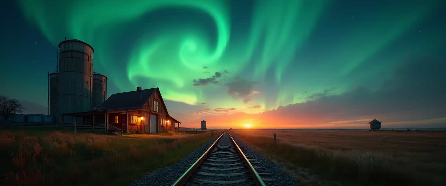 AI-generated image: A serene landscape featuring a railway track leading into the distance, flanked by an agricultural s