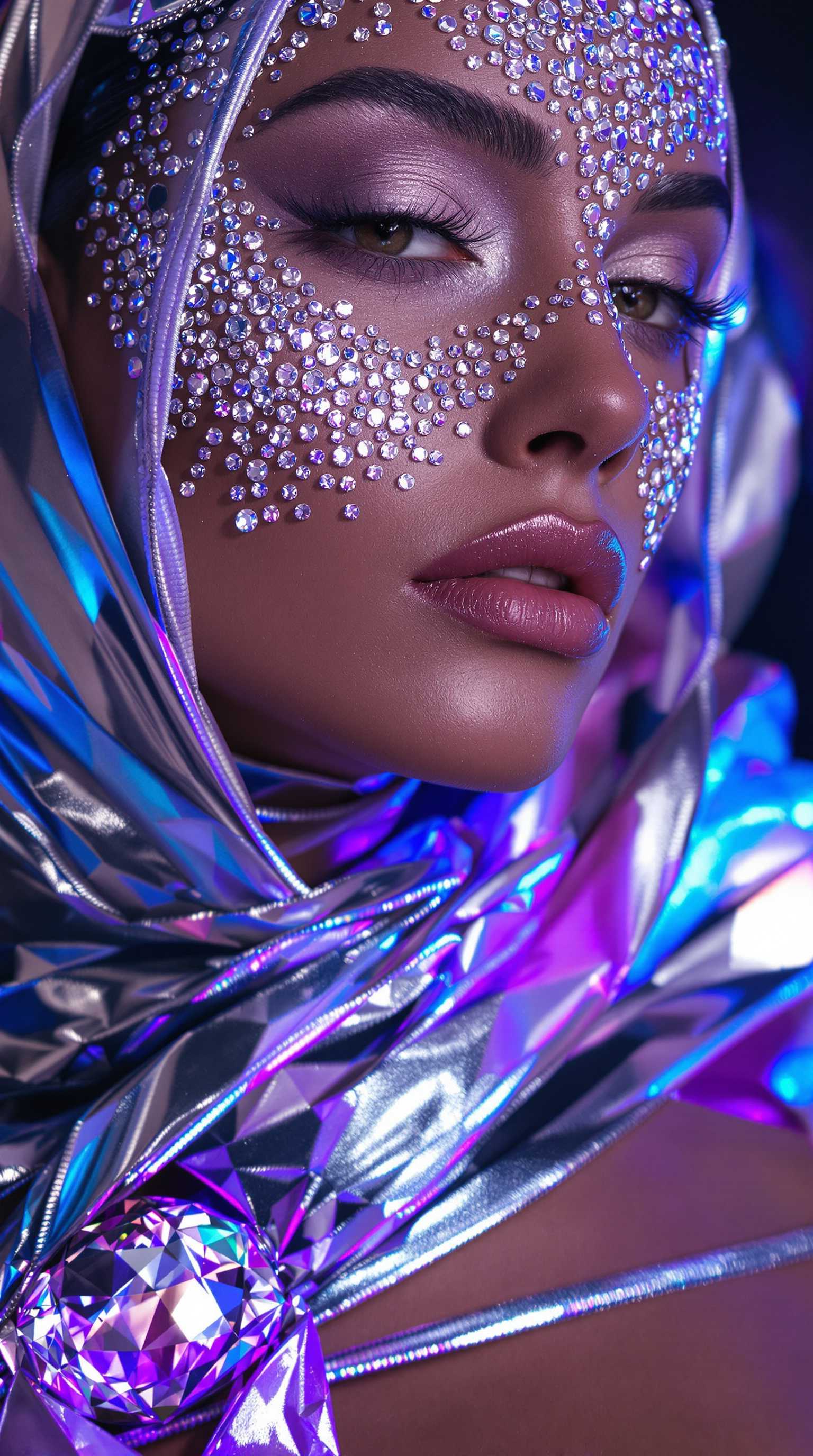 AI-generated image: close-up of model's face adorned with crystal-studded makeup and shimmering metallic eyeshadow, meta