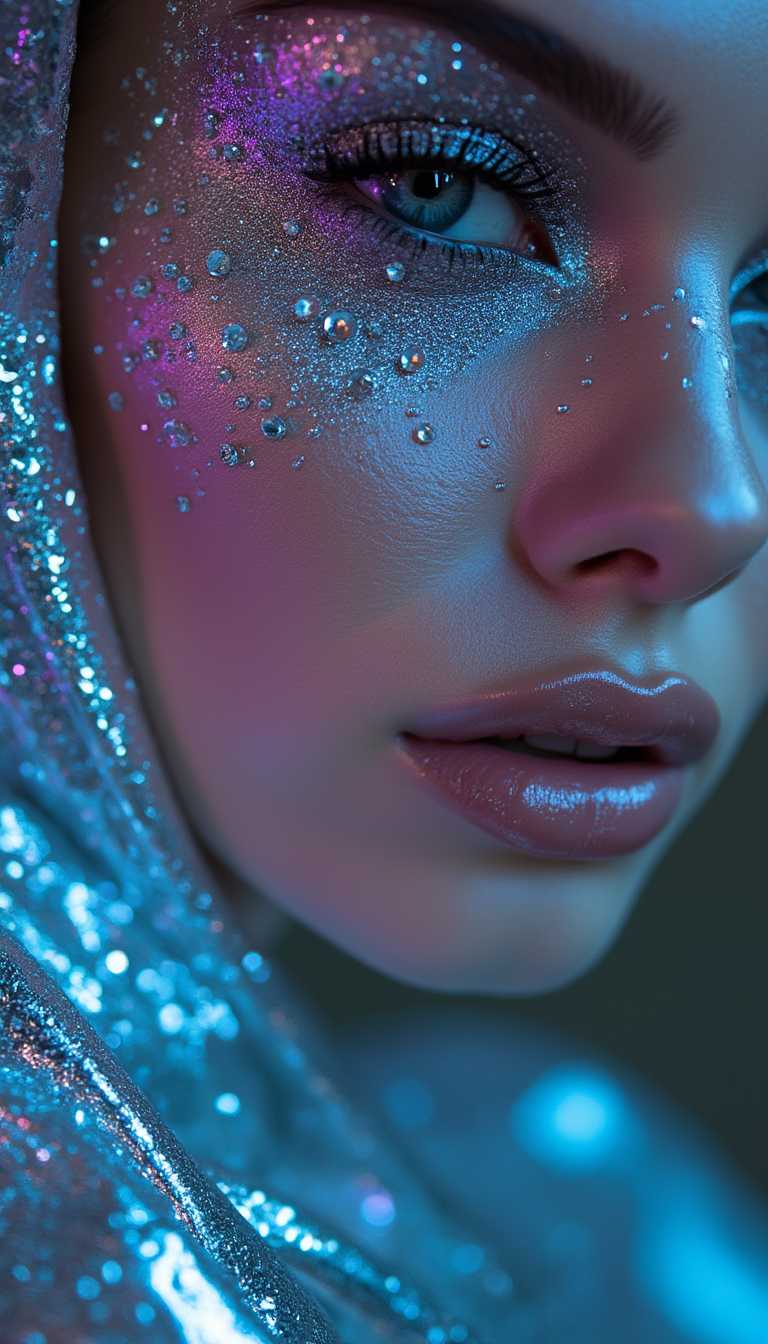 AI-generated image: close-up of model's face adorned with crystal-studded makeup and shimmering metallic eyeshadow, meta