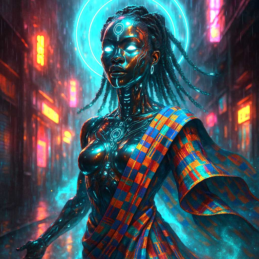 cyber ancestry, futuristic Yoruba goddess reimagined as biomechanical spirit, hovering in neon-lit rainy alley, skin of liquid obsidian, eyes glowing like pulsars, digital kente cloth flowing, reflections of chrome facial symbols, afro-futurism meets cyberpunk spirituality, braided hair with nanowire strands, glowing mist and neon halos, aspect ratio 2:3