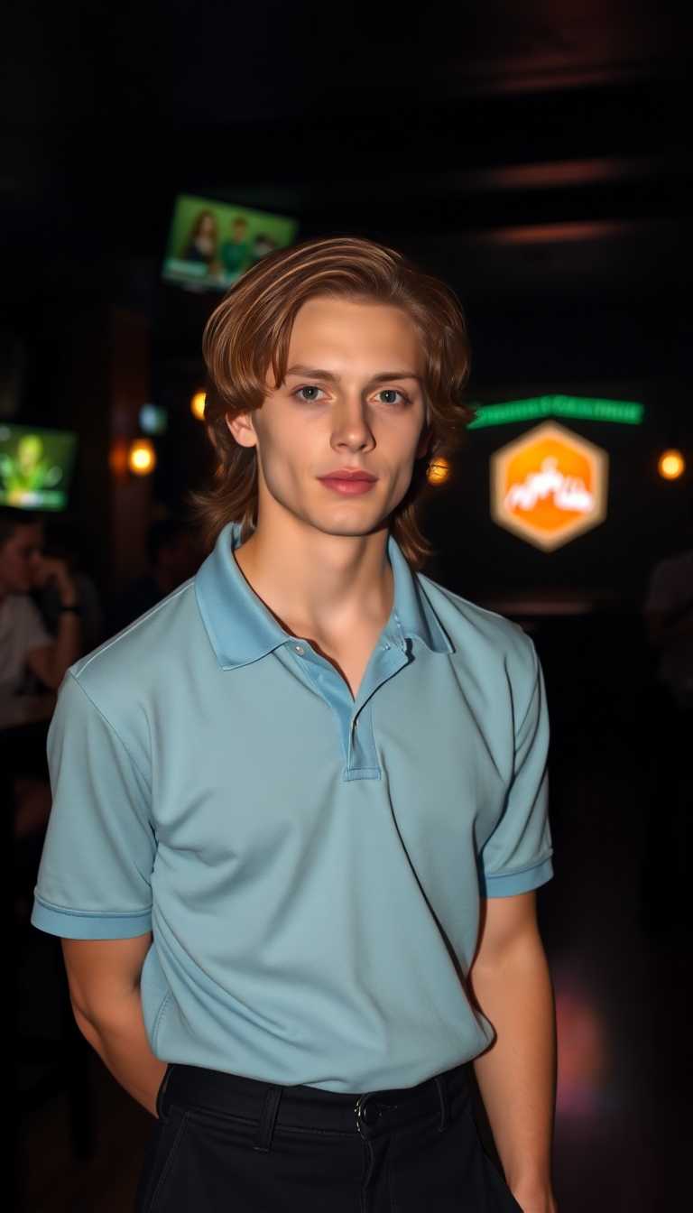 19 year old, slim man, clean shaven. Auburn hair cut long. Blue eyes, dressed in a black pair of slacks, and a sky blue polo shirt. Standing in a nightclub 