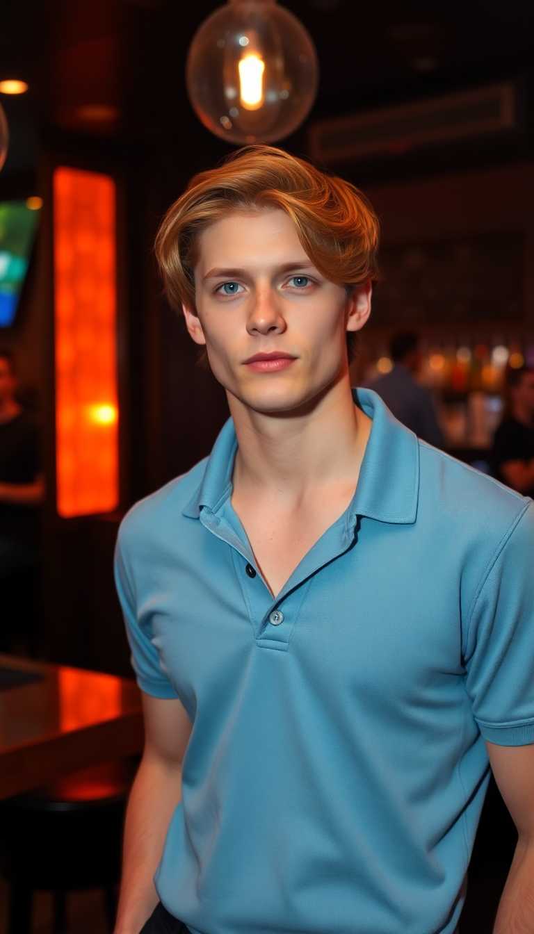 19 year old, slim man, clean shaven. Auburn hair cut long. Blue eyes, dressed in a black pair of slacks, and a sky blue polo shirt. Standing in a nightclub 
