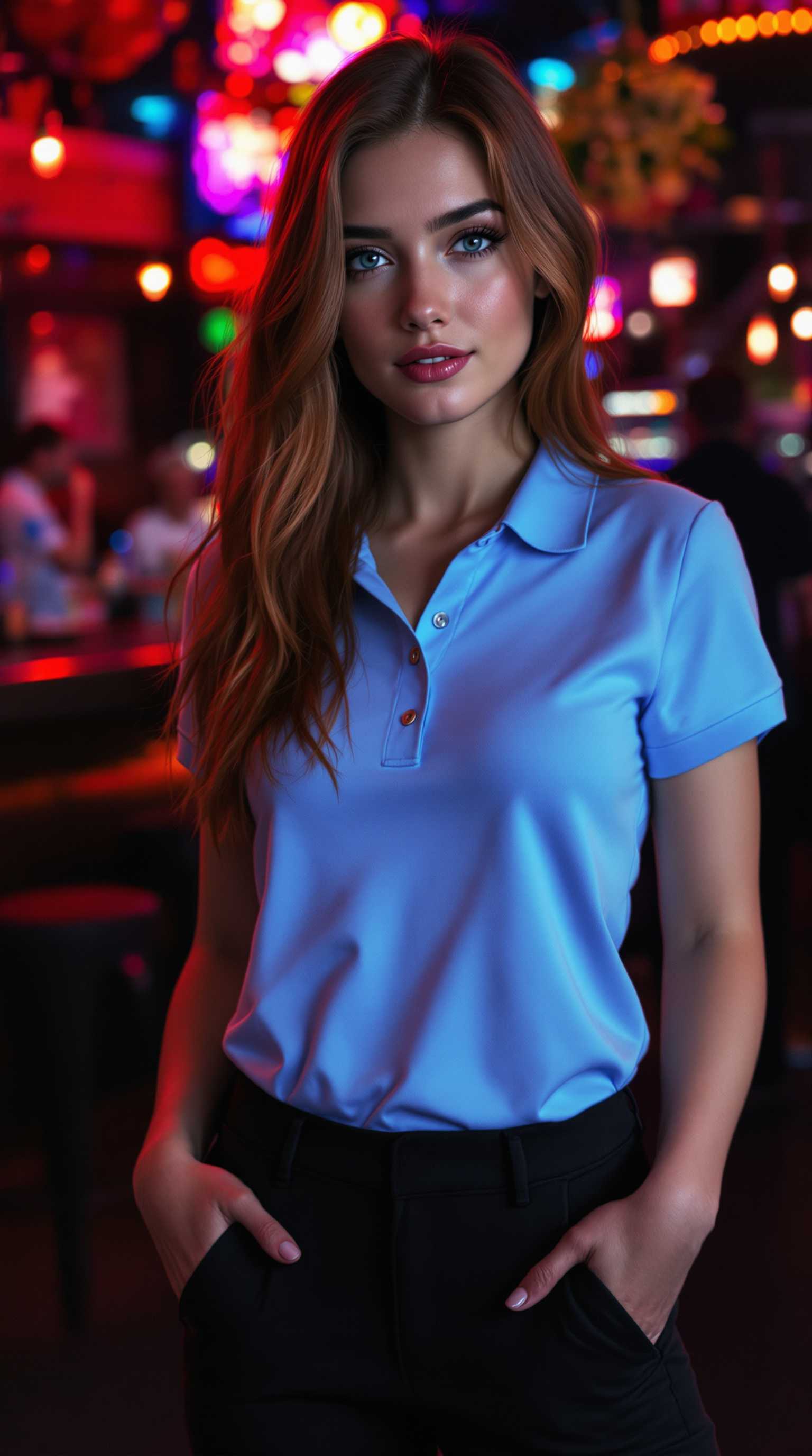 19 year old, slim feminine features, woman. Auburn hair cut long. Blue eyes, dressed in a black pair of slacks, and a sky blue polo shirt. Standing in a nightclub 