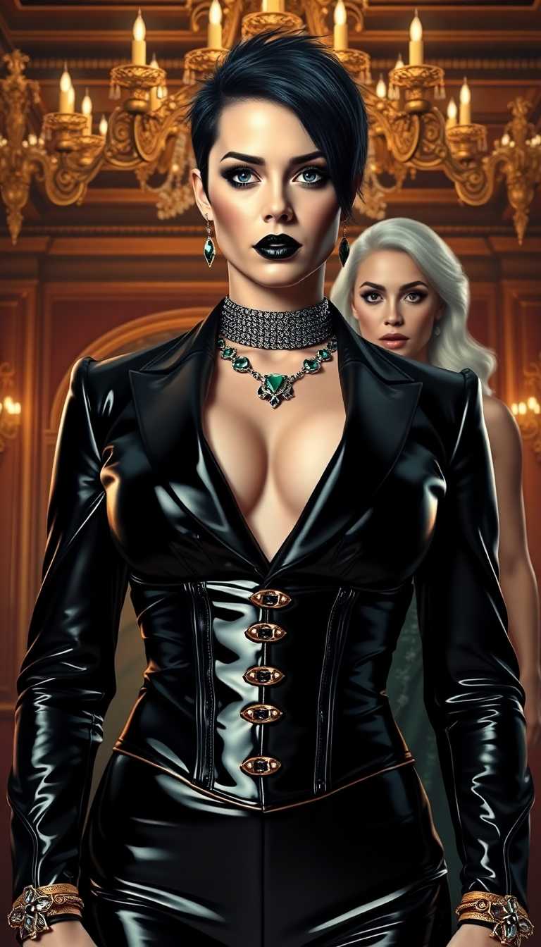 A breathtaking portrait of wrestler Becky Lynch and a striking white-haired woman, embodying dark elegance and contrasting allure, captured in a hyper-realistic digital painting style with meticulous attention to detail. Becky Lynch stands as the central figure, radiating raw power and sophistication in a shiny black latex tuxedo, paired with a tight black latex corset that accentuates her powerful form and ample cleavage, the glossy, reflective surface catching the light with a bold, edgy sheen. Her short, spiky black hair shines under the warm, golden glow of opulent ballroom chandeliers, framing her piercing blue eyes that burn with an intense, commanding gaze. Her gothic makeup is striking—heavy dark eyeshadow with smoky, smudged edges, glossy black lipstick contrasting her pale, porcelain skin, and long, glossy black nails adding a sharp, menacing edge. Lavish emerald and gold jewelry adorns her form—intricate bracelets on her wrists, a tight choker necklace hugging her throat, ornate rings glinting on her fingers, and dangling earrings shimmering with every subtle movement, each detail rendered with exquisite precision and hyper-realistic texture.

Beside her, a shorter white-haired woman exudes a contrasting yet complementary allure, dressed in a shiny white latex corseted evening gown, the material clinging to her form with a reflective, almost liquid-like texture, emphasizing every curve with a futuristic, otherworldly sheen. Her vivid ruby jewelry—necklace, earrings, and rings—glints like fire under the ambient light, perfectly matching her blood-red painted lips and claw-like nails, which add a dangerous, predatory charm, each detail meticulously highlighted with stunning clarity and depth.

The scene unfolds in a luxurious ballroom of timeless grandeur, with ornate golden chandeliers casting a warm, ambient glow across the space, creating soft highlights and subtle shadows. Polished marble floors reflect delicate glimmers of light, producing a mirror-like effect beneath their feet, while rich crimson velvet drapes frame the background, adding regal depth and theatrical drama to the composition. The layout is masterfully crafted, with Becky Lynch as the dominant central figure, captured from a slight low angle to emphasize her towering, powerful presence, her posture commanding and unyielding. The white-haired woman stands slightly to the side, her elegant yet submissive posture creating a balanced, dynamic duo that draws the eye, their positioning highlighting their contrasting energies in a harmonious yet striking frame.

The mood is one of dark opulence and cinematic intensity, set during the late evening under the golden glow of the ballroom, with an atmosphere of mystery and allure perme