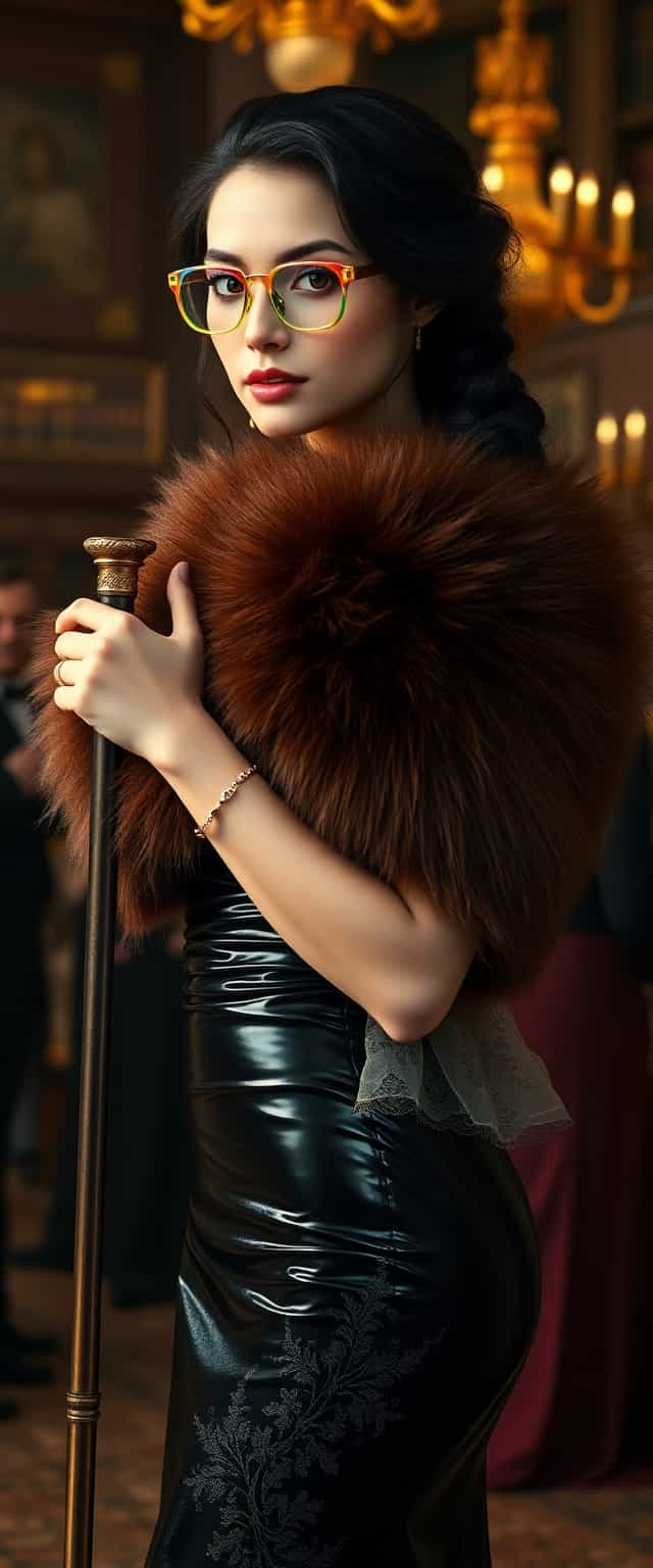 A deeply emotive and poignant full-body portrait of a beautiful young woman, radiating a youthful yet sensual presence with quiet strength, captured in a moment of subtle confidence as she holds her cane with poised elegance. The scene is set in the grand ballroom populated by well dressed revelers. Her attire is a captivating interplay of textures and tones: a thick, luxurious shiny mink fur stole, its velvety softness almost tangible, drapes over her curvaceous, pale frame, contrasting boldly with a long shiny black skintight latex evening dress, adorned with elaborate ruffles and delicate lace detailing, evoking the opulent elegance of a bygone era. Her thick, rainbow-colored framed glasses, nerdy yet endearing, rest delicately on her face, catching faint glimmers of ambient light, while a simple metal bracelet on her slender wrist reflects the warm, amber glow of the library’s antique brass lamps. Her lustrous shiny black hair, styled in a heavy, tightly woven braid, cascades over one shoulder with regal yet tender grace, accentuating her fragile demeanor. Her faint, bittersweet smile conveys profound quiet resilience, drawing the viewer into her introspective world. The composition places her slightly off-center, her soft gaze directed toward the viewer, framed by the towering bookshelves that fade into a gentle blur in the background, creating a sense of depth and intimacy. The lighting is warm and diffused, with golden hues casting delicate shadows across her face and attire, highlighting the intricate textures of fur and latex, while a subtle vignette effect centers her as the emotional focal point. The mood is melancholic yet dignified, set during late evening, with a hushed, reverent atmosphere permeating the ancient space, as if time itself has paused in reverence. Rendered in the style of a classical Victorian portrait fused with modern editorial photography, featuring dramatic chiaroscuro lighting, hyper-realistic textures, and cinematic depth of field, captured as if through a high-resolution 85mm lens for intimate detail and profound emotional impact, emphasizing fine details in fabric and skin tones, with a soft bokeh effect in the background to enhance the ethereal ambiance.