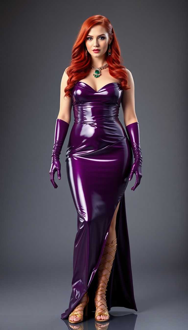 A striking tall and slim woman in her mid-20s with vibrant, bright red hair cascading in loose, glossy waves down her shoulders. Her sharp, defined facial features exude confidence and allure, with high cheekbones and piercing eyes. She is full-figured, her curves accentuated by a stunning, shiny purple latex evening gown inspired by ancient Roman designs, featuring a tight, full-bust corset that cinches her waist and a flowing, draped skirt with a daring slit. The gown reflects light with a sleek, mirror-like sheen, emphasizing its luxurious texture. She wears matching shiny purple latex opera gloves that extend past her elbows, adding a bold, dramatic touch. Her footwear consists of shiny gold high-heeled gladiator-style sandals, intricately laced up her calves, gleaming with a metallic finish. Adorning her wrists, neck, and ears are opulent emerald and gold jewelry pieces, with intricate detailing that enhances her natural elegance—think cascading emerald necklaces, dangling chandelier earrings, and wide, ornate bangles.

She stands confidently in the center of an elegant hotel ballroom, the composition framed to highlight her commanding presence. The camera angle is slightly low, looking up to emphasize her height and dominance in the scene. The ballroom is a vision of grandeur, with polished marble floors reflecting soft golden light, towering crystal chandeliers casting a warm, ambient glow, and intricate gilded moldings adorning the walls. Rich burgundy velvet drapes frame tall arched windows, through which faint moonlight spills, creating a dreamy contrast with the interior warmth. The atmosphere is sophisticated and enchanting, evoking a sense of timeless luxury, as if captured during a glamorous evening gala. The mood is bold yet refined, with a cinematic quality enhanced by soft, diffused lighting that highlights the glossy textures of her outfit and the sparkling brilliance of her jewelry.

Rendered in a hyper-realistic digital art style with photorealistic attention to detail, reminiscent of high-fashion editorial photography. The image focuses on sharp textures, vibrant color contrasts between the purple latex, gold accents, and emerald jewels, and a dynamic interplay of light and shadow to create depth and drama.