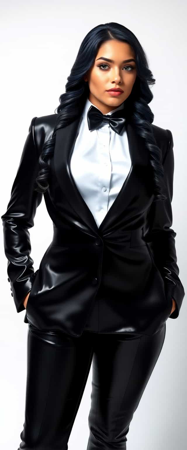 Athletic 21 year old, 6'3"  full figured woman, kneel length shiny iridescent black hair set in ringlets and waves cascading down her back. She's dressed in a well tailored tuxedo made of shiny black latex for the jacket and pants, and a shiny white silk shirt. Her bow tie is black.