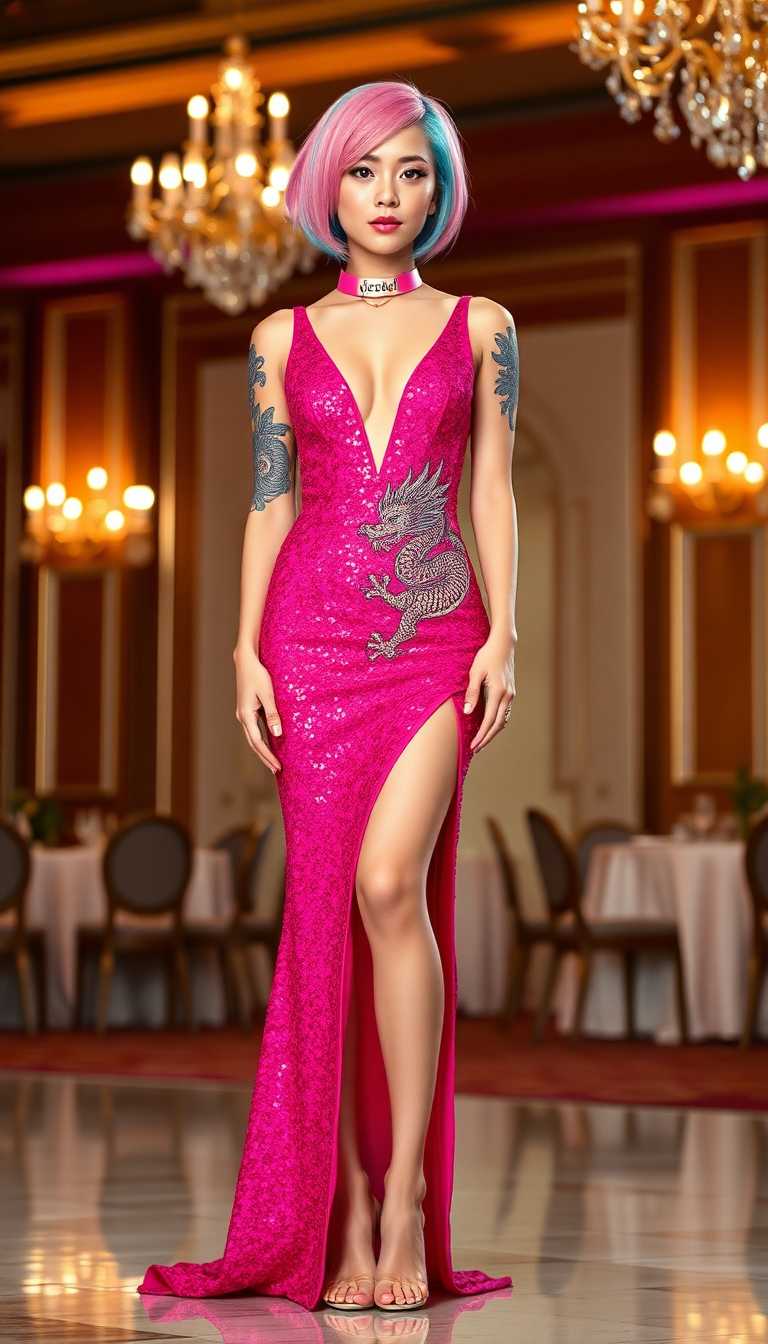 Petite early 20s woman, slim and athletic, buxom. Dressed in a hot pink sequined evening gown, slit to the hip and with a daring plunge neckline that shows her navel piercing, and elegant oriental dragon tattoo that covers her whole torso. Her hair is styled in a cute pink and sky blue chin length bob. She wears a pink dog collar that says Jezebel. She has multiple ear, nose and lip piercings. Standing in an elegant hotel ballroom 