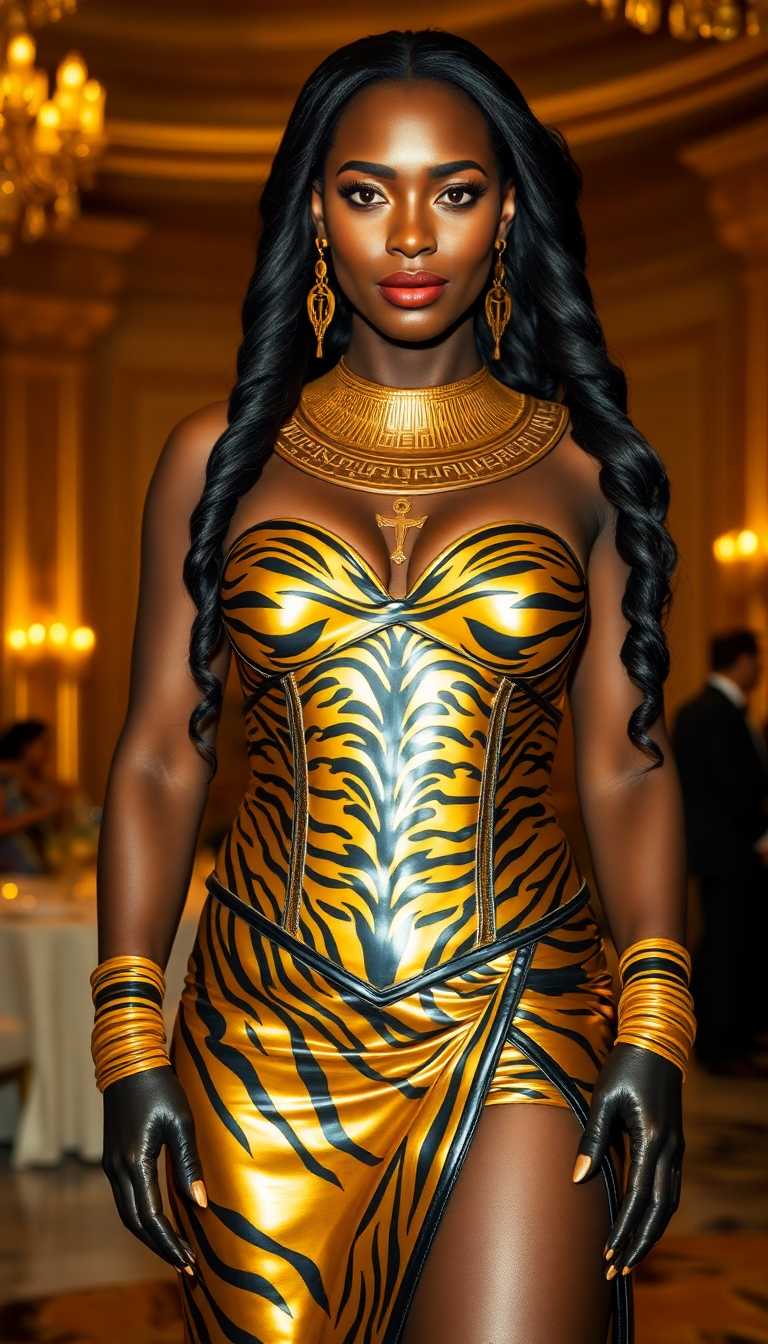 A commanding Nubian woman in her mid-40s stands as the regal centerpiece of a lavish scene, her rich, dark skin glowing with a warm, radiant sheen under the golden, ambient lighting of a grand ballroom. She exudes unyielding power and elegance, adorned in a striking gold and black tiger striped latex corset with intricate, crisscrossing straps, paired with matching long gloves and a split-side skirt. The glossy, futuristic material reflects light with a mirror-like sheen, contrasting beautifully with the classical draped design that accentuates her statuesque, powerful form. Her shimmering black hair cascades down her back, catching the light with a faint metallic glint, while elegant Egyptian-themed jewelry adorns her: a wide, ornate gold collar necklace engraved with hieroglyphics, dangling ankh earrings, and stacked bangles that gleam against her skin. Her lips, nails, and eye makeup shimmer in gold, lending a divine, otherworldly aura to her commanding presence.

She stands with an air of authority in an opulent hotel ballroom, a space brimming with intricate details: sparkling crystal chandeliers casting a warm, amber glow, polished marble floors reflecting soft light, and towering arched windows framed by heavy velvet curtains in deep burgundy. The room hums with elegantly dressed partygoers in luxurious gowns of satin and silk and tailored suits, mingling with champagne flutes in hand, their soft laughter and murmurs creating a lively yet refined atmosphere. The composition is framed from a low-angle perspective, emphasizing her dominance and towering presence, with the woman positioned slightly off-center as the undeniable focal point. The bustling crowd forms a dynamic, softly blurred background, enhancing her prominence through a shallow depth of field.

The mood is sophisticated and regal, set during a glamorous evening event, with warm, cinematic lighting enriching a palette of gold, ruby, and emerald jewel tones. Rendered in a hyper-realistic style with cinematic precision, inspired by the dramatic chiaroscuro of Baroque portraiture, the image captures intricate textures—glossy latex reflecting light with sharp highlights, shimmering white hair with delicate metallic glints, and luxurious fabrics with subtle folds and creases. The woman's piercing gaze and meticulously detailed attire command attention, while the dreamy, blurred elegance of the ballroom creates a captivating contrast. The overall atmosphere blends timeless grandeur with futuristic opulence, evoking a sense of unyielding authority and divine sophistication.