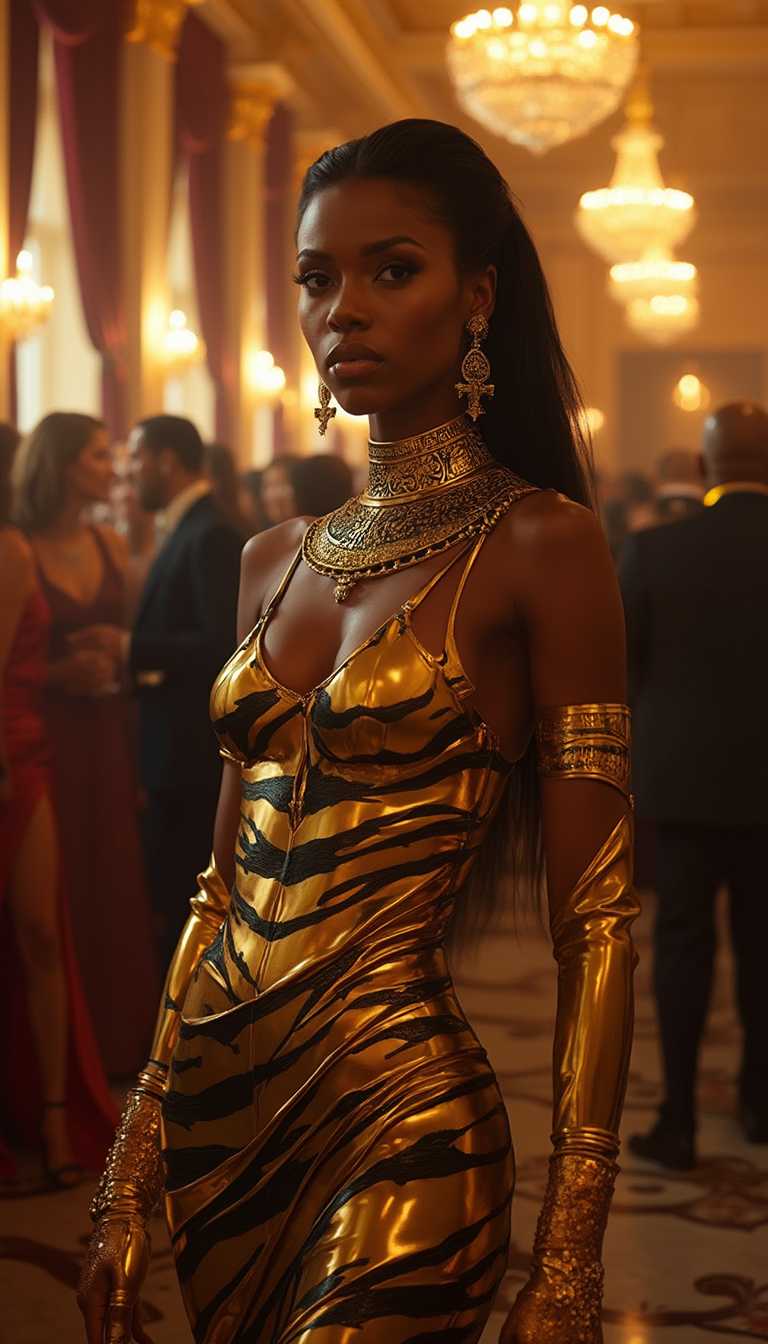 A commanding Nubian woman in her mid-40s stands as the regal centerpiece of a lavish scene, her rich, dark skin glowing with a warm, radiant sheen under the golden, ambient lighting of a grand ballroom. She exudes unyielding power and elegance, adorned in a striking gold and black tiger striped latex corseted evening gown with intricate, crisscrossing straps, paired with matching long gloves. The glossy, futuristic material reflects light with a mirror-like sheen, contrasting beautifully with the classical draped design that accentuates her statuesque, powerful form. Her shimmering black hair cascades down her back, catching the light with a faint metallic glint, while elegant Egyptian-themed jewelry adorns her: a wide, ornate gold collar necklace engraved with hieroglyphics, dangling ankh earrings, and stacked bangles that gleam against her skin. Her lips, nails, and eye makeup shimmer in gold, lending a divine, otherworldly aura to her commanding presence.

She stands with an air of authority in an opulent hotel ballroom, a space brimming with intricate details: sparkling crystal chandeliers casting a warm, amber glow, polished marble floors reflecting soft light, and towering arched windows framed by heavy velvet curtains in deep burgundy. The room hums with elegantly dressed partygoers in luxurious gowns of satin and silk and tailored suits, mingling with champagne flutes in hand, their soft laughter and murmurs creating a lively yet refined atmosphere. The composition is framed from a low-angle perspective, emphasizing her dominance and towering presence, with the woman positioned slightly off-center as the undeniable focal point. The bustling crowd forms a dynamic, softly blurred background, enhancing her prominence through a shallow depth of field.

The mood is sophisticated and regal, set during a glamorous evening event, with warm, cinematic lighting enriching a palette of gold, ruby, and emerald jewel tones. Rendered in a hyper-realistic style with cinematic precision, inspired by the dramatic chiaroscuro of Baroque portraiture, the image captures intricate textures—glossy latex reflecting light with sharp highlights, shimmering white hair with delicate metallic glints, and luxurious fabrics with subtle folds and creases. The woman's piercing gaze and meticulously detailed attire command attention, while the dreamy, blurred elegance of the ballroom creates a captivating contrast. The overall atmosphere blends timeless grandeur with futuristic opulence, evoking a sense of unyielding authority and divine sophistication.