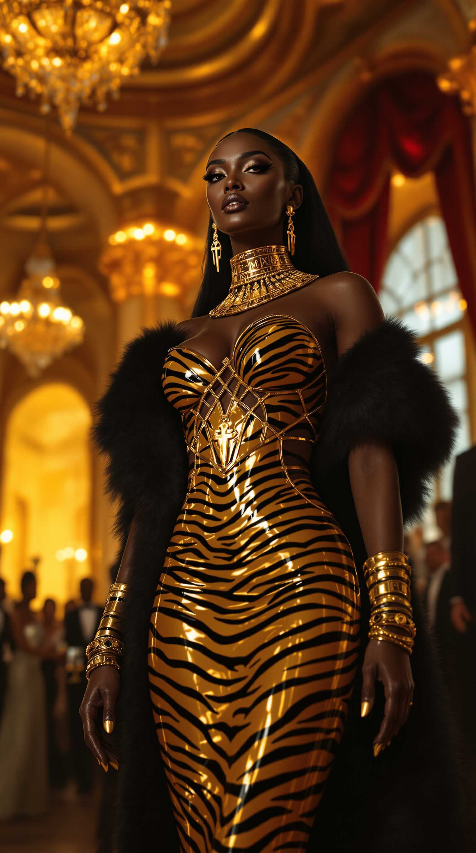 A commanding Nubian woman in her mid-40s stands as the regal centerpiece of a lavish scene, her rich, dark skin glowing with a warm, radiant sheen under the golden, ambient lighting of a grand ballroom. She exudes unyielding power and elegance, adorned in a striking gold and black tiger-striped latex corseted evening gown with intricate, crisscrossing straps that sculpt her statuesque, powerful form. The glossy, futuristic material reflects light with a mirror-like sheen, contrasting with the classical draped design of the gown, while long matching gloves enhance her commanding silhouette. A shiny black mink stole drapes over her bare shoulders, adding a layer of luxurious texture. Her shimmering black hair cascades down her back, catching the light with a faint metallic glint, and elegant Egyptian-themed jewelry adorns her: a wide, ornate gold collar necklace engraved with hieroglyphics, dangling ankh earrings, and stacked bangles that gleam against her skin. Her lips, nails, and eye makeup shimmer in gold, lending a divine, otherworldly aura to her piercing gaze and authoritative presence.

She stands with an air of dominance in an opulent hotel ballroom, a space brimming with intricate details: sparkling crystal chandeliers casting a warm, amber glow, polished marble floors reflecting soft light, and towering arched windows framed by heavy velvet curtains in deep burgundy. The room hums with elegantly dressed partygoers in luxurious gowns of satin and silk and tailored suits, mingling with champagne flutes in hand, their soft laughter and murmurs creating a lively yet refined atmosphere. The composition is framed from a low-angle perspective, emphasizing her towering presence and dominance, with the woman positioned slightly off-center as the undeniable focal point. The bustling crowd forms a dynamic, softly blurred background, achieved through a shallow depth of field, enhancing her prominence and drawing the eye to her meticulously detailed attire.

The mood is sophisticated and regal, set during a glamorous evening event, with warm, cinematic lighting enriching a palette of gold, ruby, and emerald jewel tones. Rendered in a hyper-realistic style with cinematic precision, inspired by the dramatic chiaroscuro of Baroque portraiture, the image captures intricate textures—glossy latex reflecting light with sharp highlights, the soft, lustrous fur of the mink stole, shimmering black hair with delicate metallic glints, and luxurious fabrics with subtle folds and creases. The interplay of light and shadow accentuates the woman’s commanding features, while the dreamy, blurred elegance of the ballroom creates a captivating contrast. The overall atmosphere blends timeless grandeur with